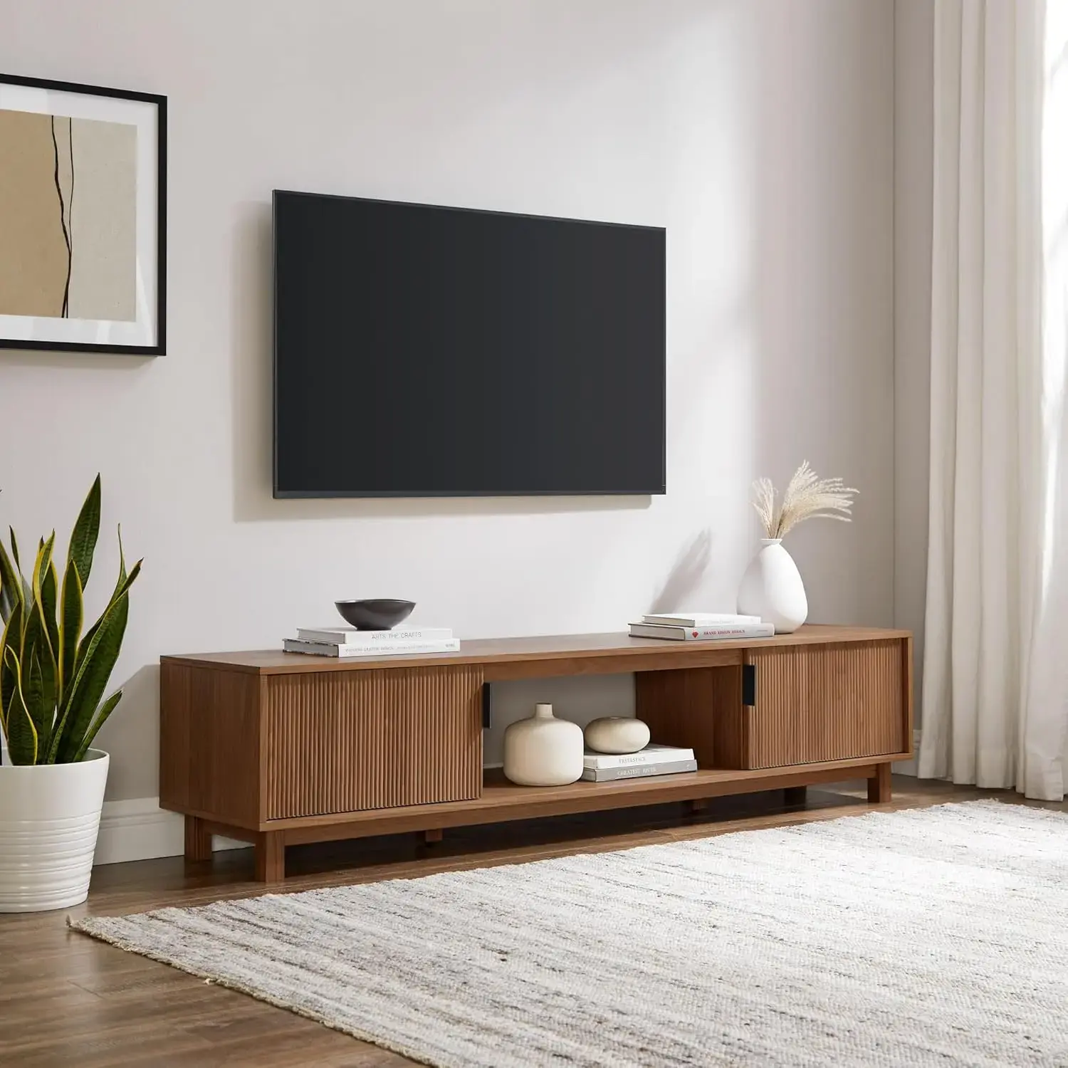Walton Modern Fluted-Door Low Stand for TVs up to 80 Inches, 70 x 15.75 x 16 inches, Mocha
