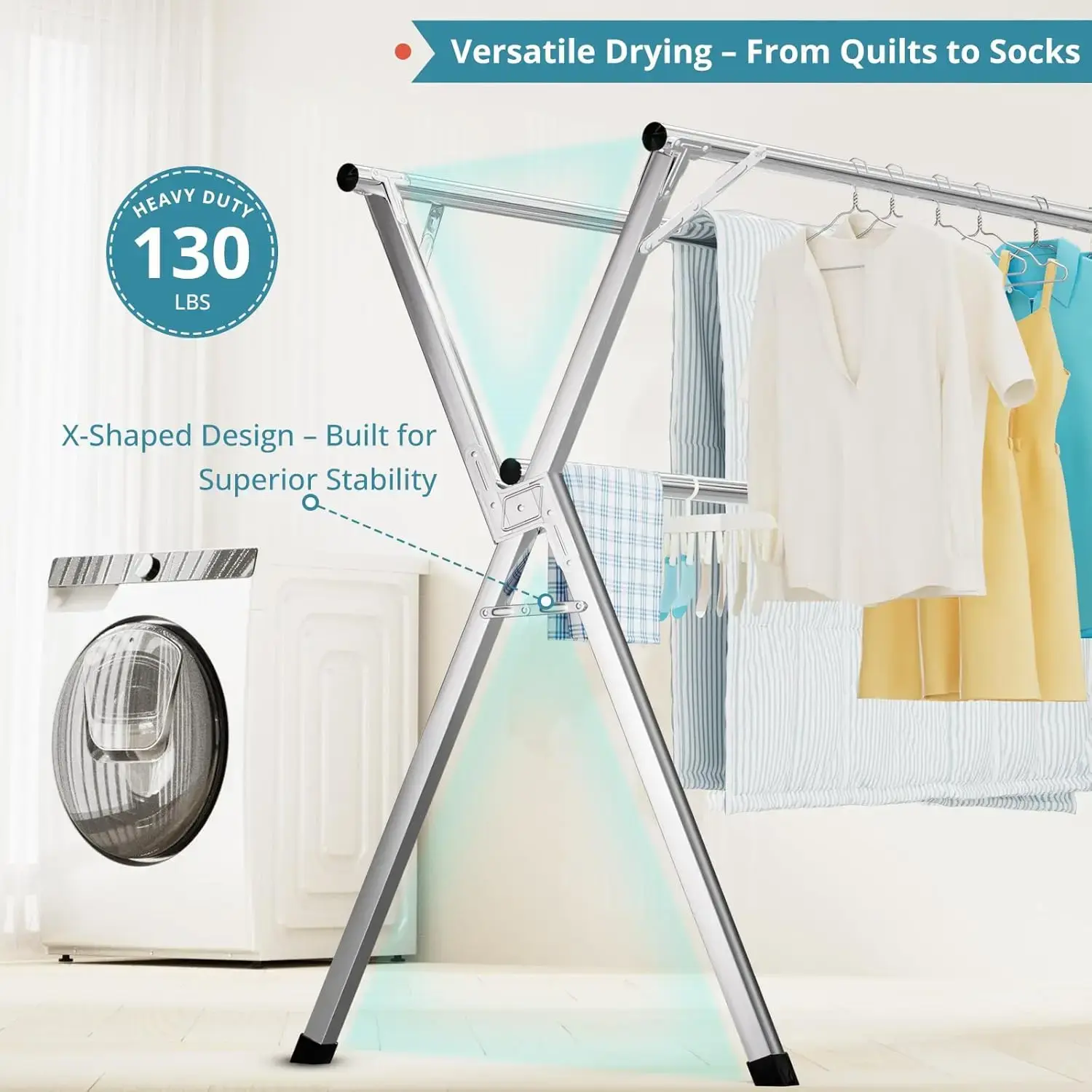 63 Inches Clothes Drying Rack, Drying Rack Clothing Folding Indoor Outdoor, Heavy Duty Stainless Steel Laundry Rack,
