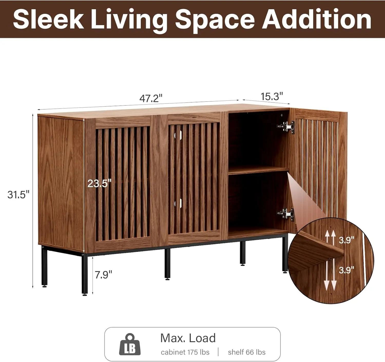 Storage Cabinet,47.2" Farmhouse Buffet Cabinet with Metal Base and Adjustable Shelves,Sideboard Coffee Bar with 3 Doors