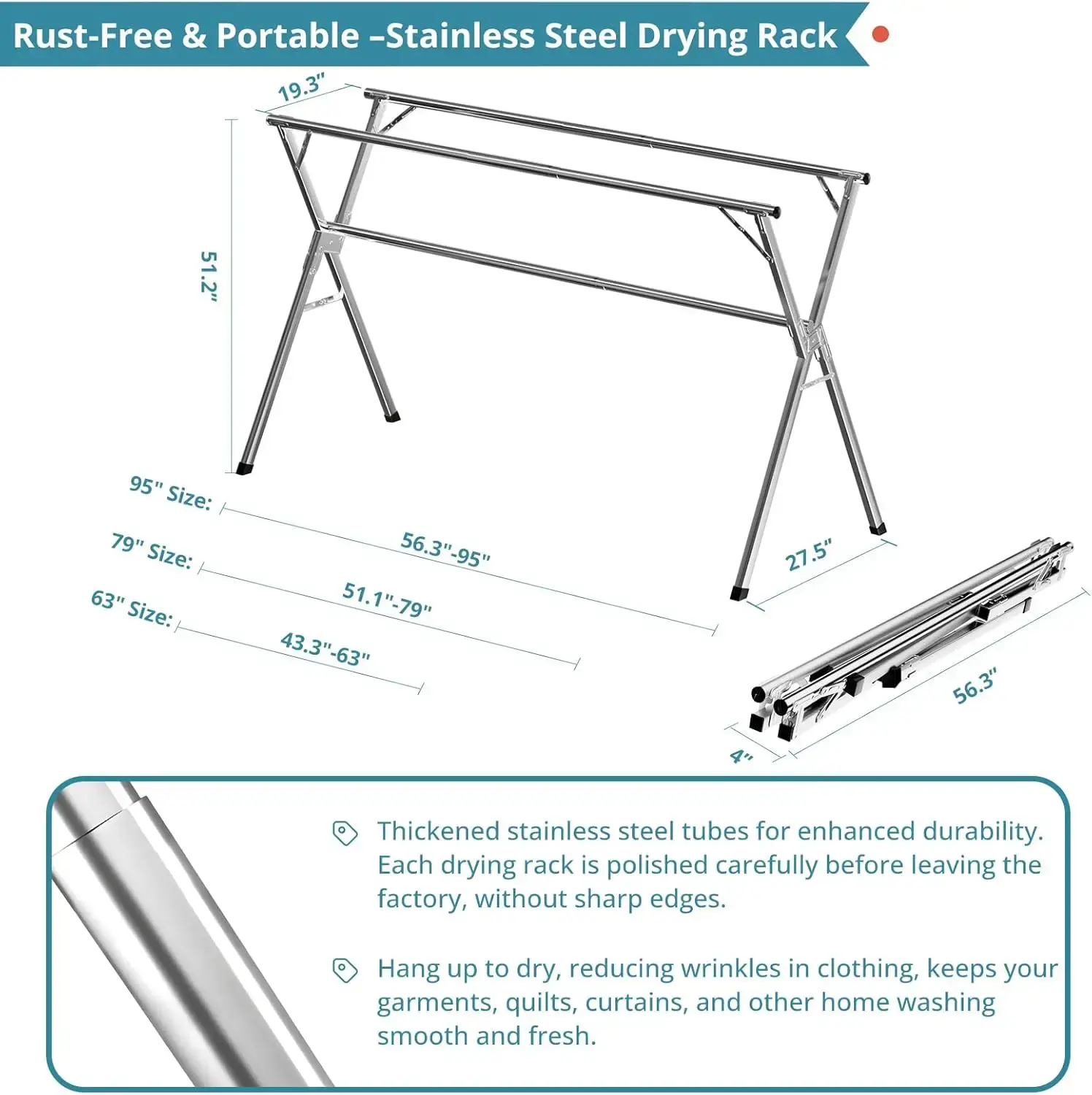 63 Inches Clothes Drying Rack, Drying Rack Clothing Folding Indoor Outdoor, Heavy Duty Stainless Steel Laundry Rack,