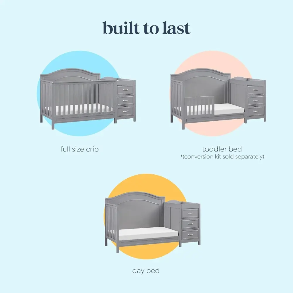 Charlie 4-in-1 Convertible Baby Crib w/Changing Table - Wooden Toddler Bed, Daybed & Twin Bed Conversion - GREENGUARD Gold Cert