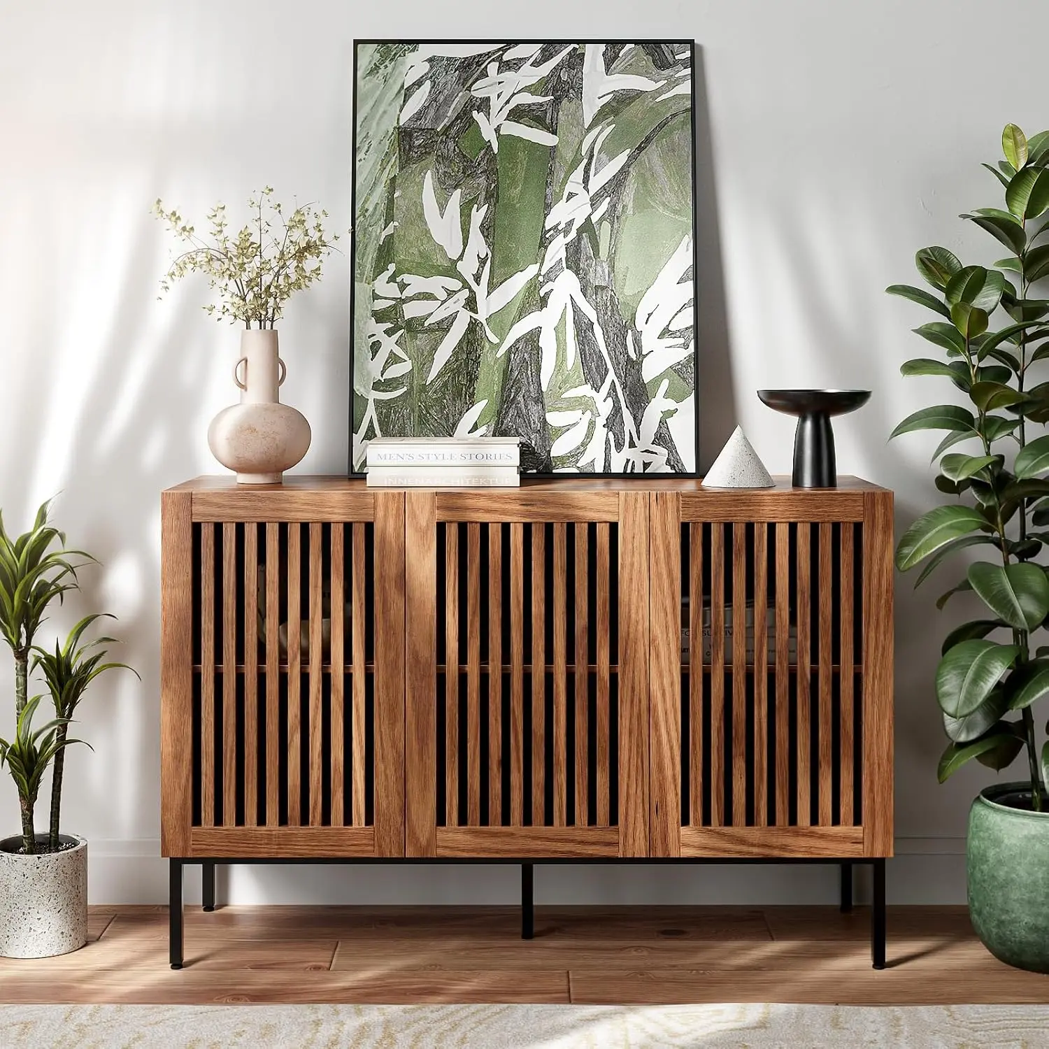 Storage Cabinet,47.2" Farmhouse Buffet Cabinet with Metal Base and Adjustable Shelves,Sideboard Coffee Bar with 3 Doors