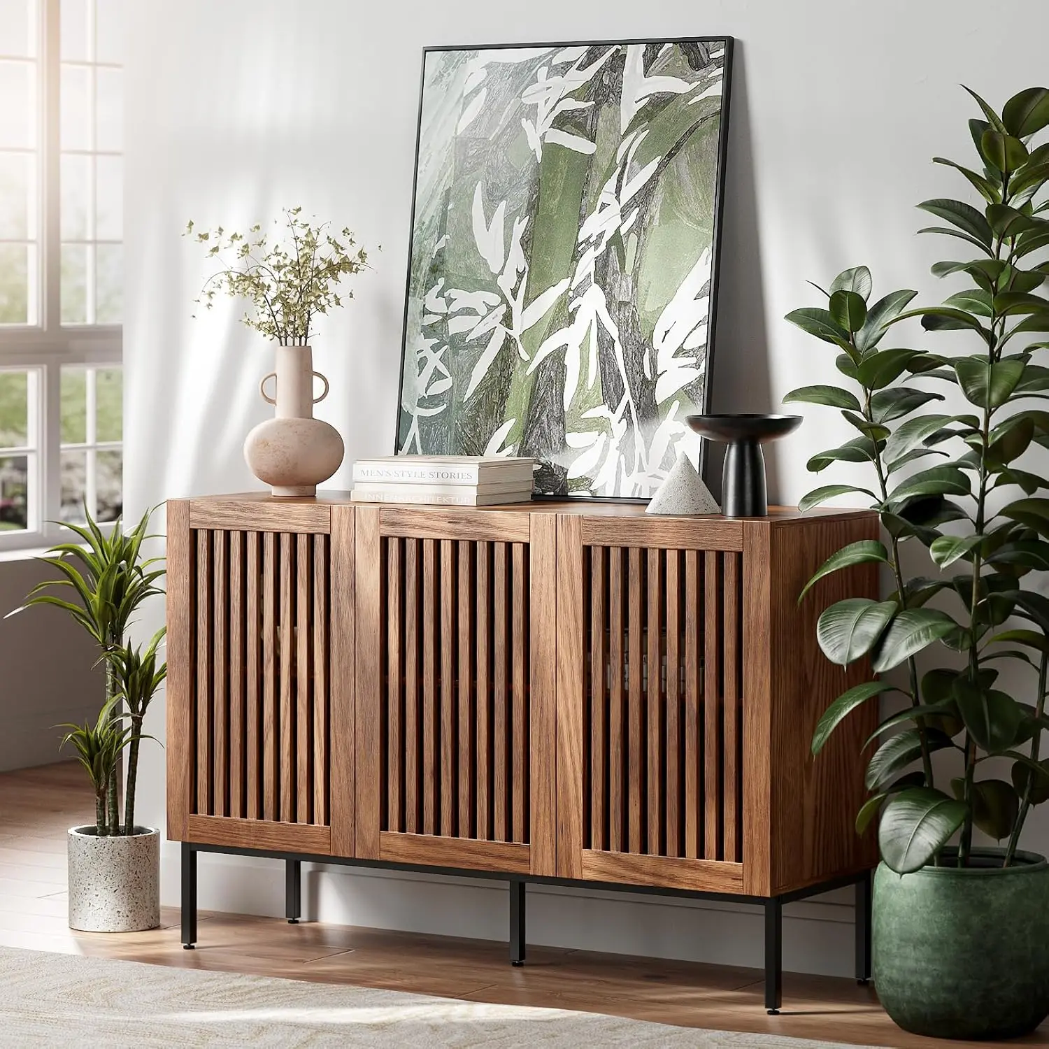Storage Cabinet,47.2" Farmhouse Buffet Cabinet with Metal Base and Adjustable Shelves,Sideboard Coffee Bar with 3 Doors
