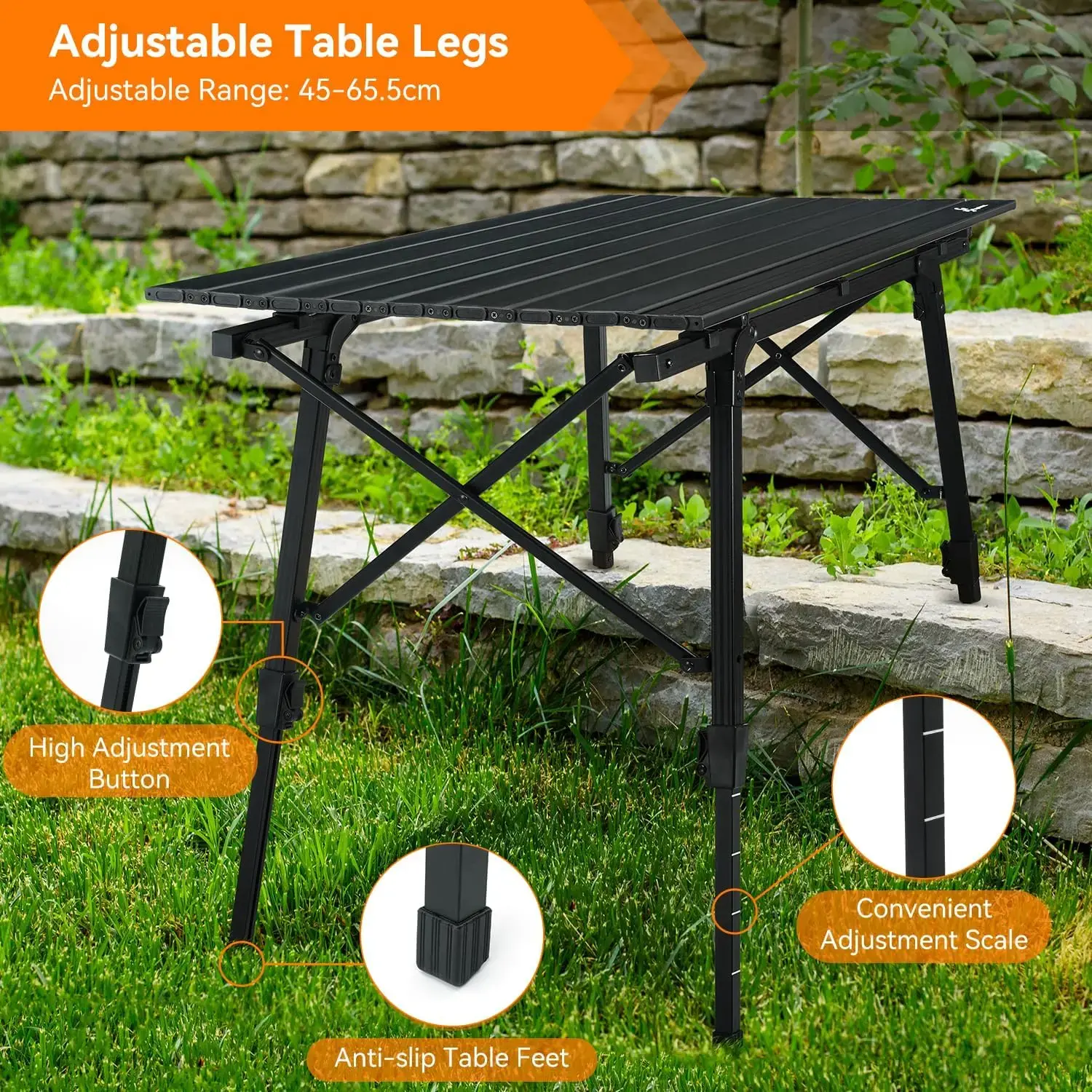 Camping Tables That Fold Up Lightweight, Adjustable Height Aluminum Folding Table with Top Mesh Layer, Roll Up Camping Table for