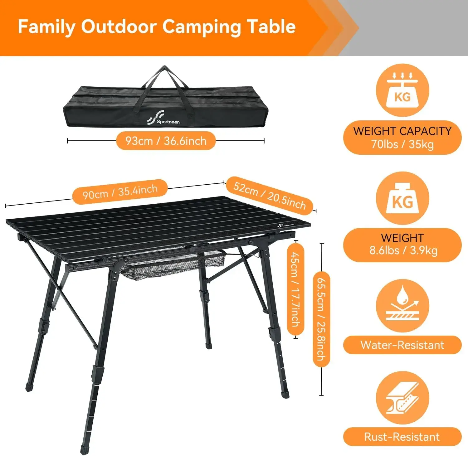 Camping Tables That Fold Up Lightweight, Adjustable Height Aluminum Folding Table with Top Mesh Layer, Roll Up Camping Table for