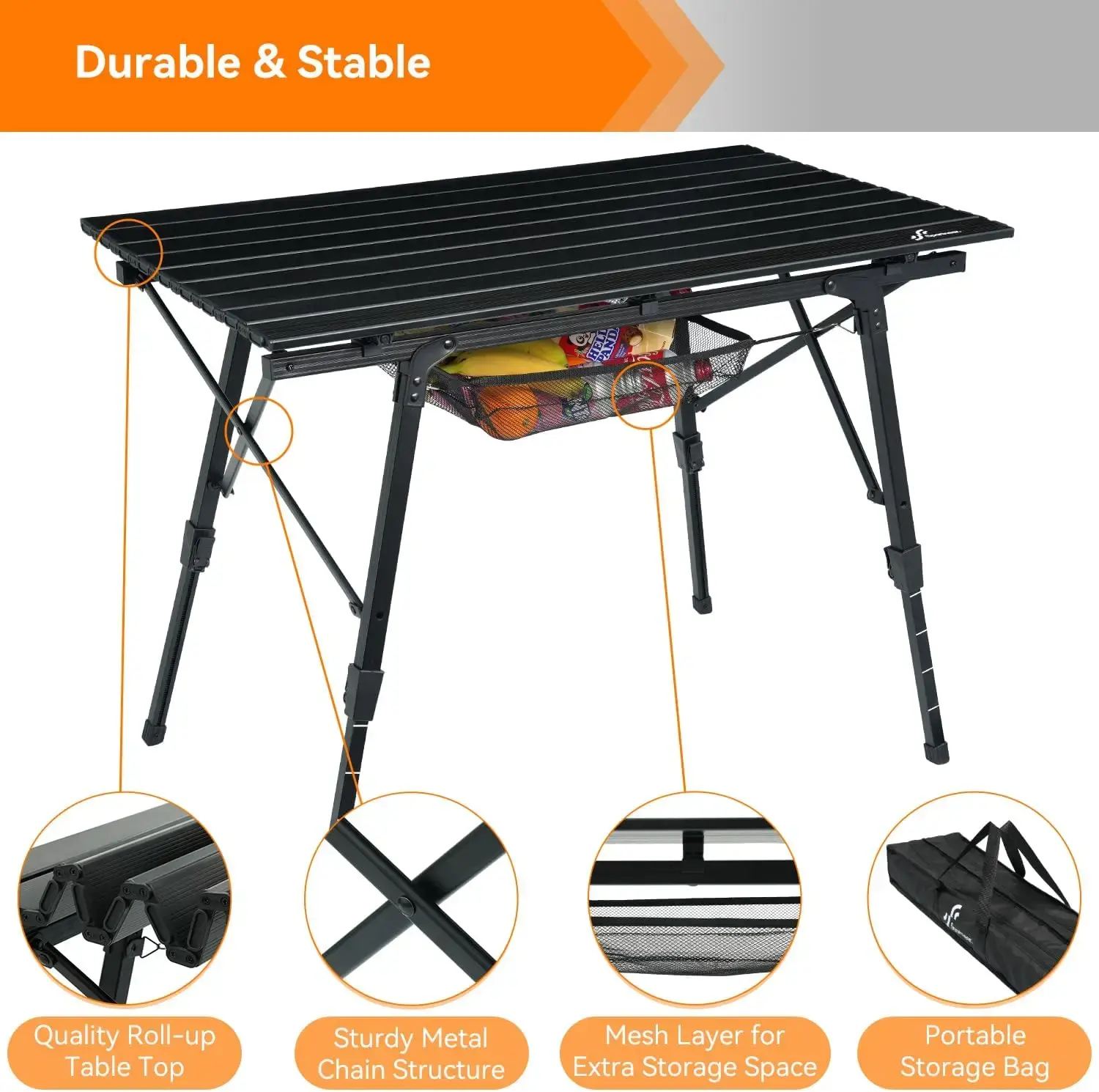Camping Tables That Fold Up Lightweight, Adjustable Height Aluminum Folding Table with Top Mesh Layer, Roll Up Camping Table for