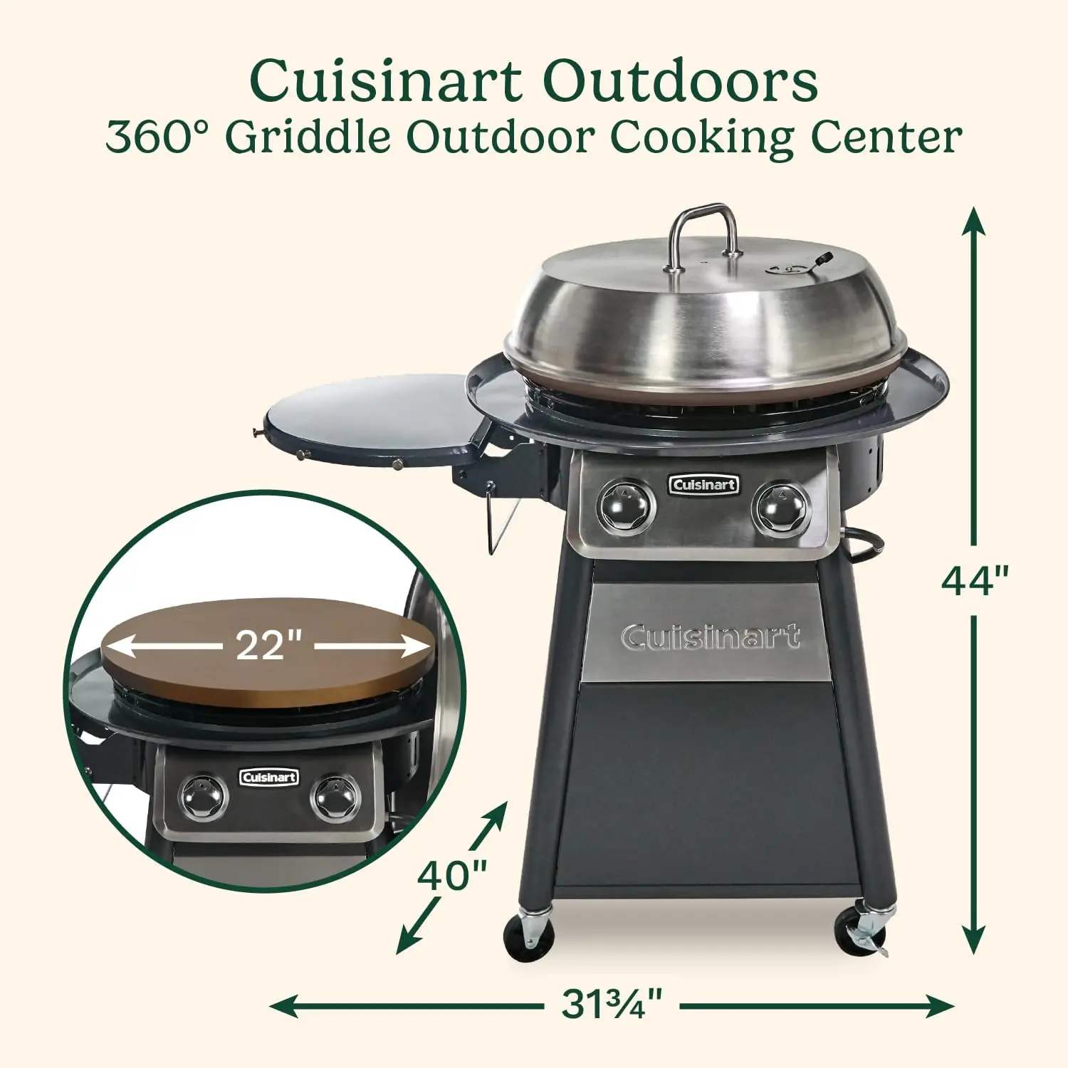 360° Griddle Outdoor Cooking Center, 22” Round Flat Top Grill with Stainless Steel Vented Lid, Folding Prep Table, 30,000 BTU B