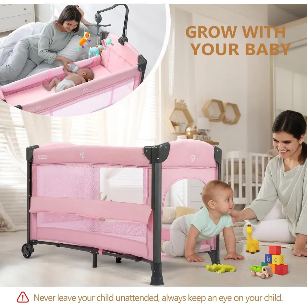 Baby Bedside Bassinet, Baby Bassinet, Pack n Play Convert Playpen, Quick Foldable Travel Bed with Toy, Wheels & Brake, Carry Ba