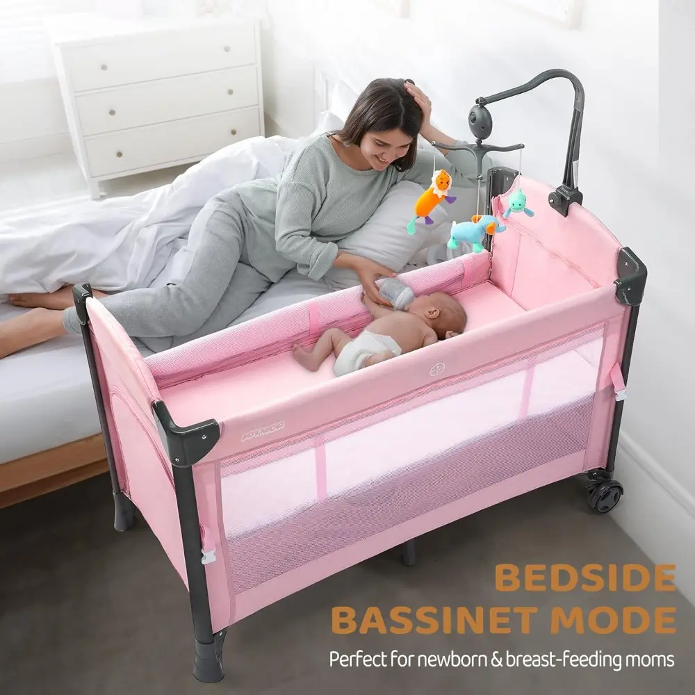 Baby Bedside Bassinet, Baby Bassinet, Pack n Play Convert Playpen, Quick Foldable Travel Bed with Toy, Wheels & Brake, Carry Ba