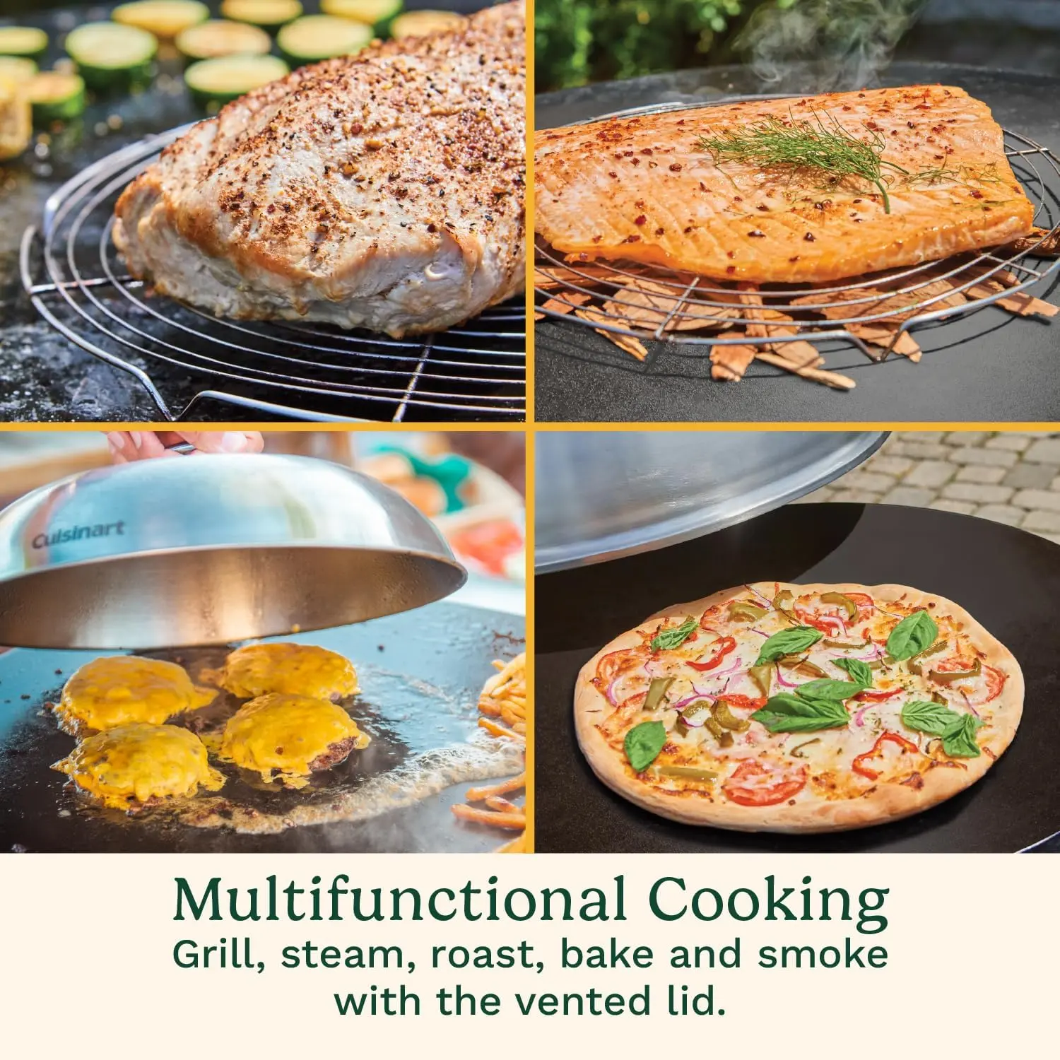 360° Griddle Outdoor Cooking Center, 22” Round Flat Top Grill with Stainless Steel Vented Lid, Folding Prep Table, 30,000 BTU B