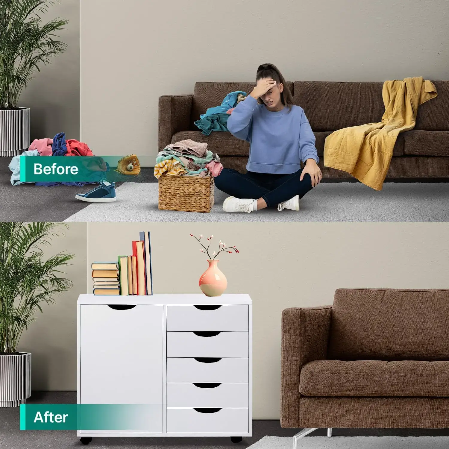 Amy 5 Drawer Chest, Wood Storage Dresser Cabinet with Wheels, Craft Storage Organization, Makeup Drawer Unit for Closet, Bedroom