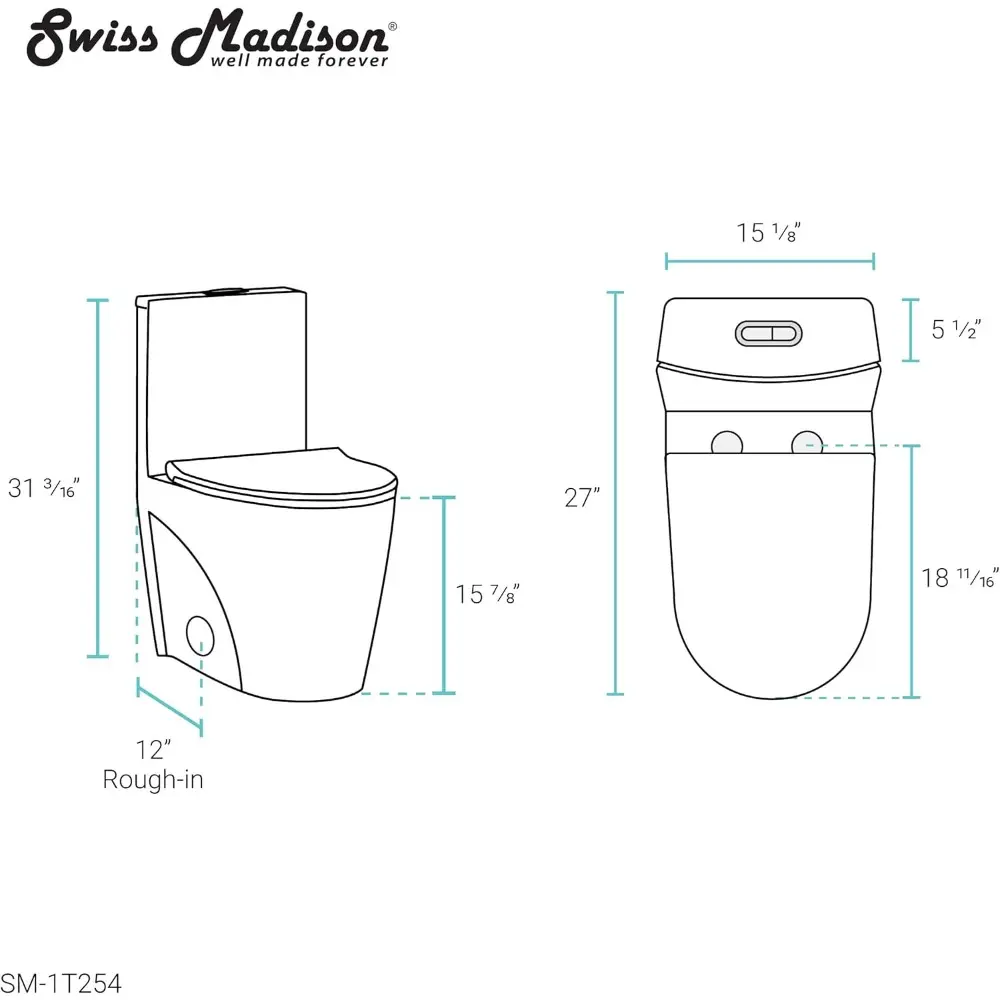 SM-1T254 St. Tropez One Piece Toilet Dual Tornado Flush 0.8/1.28 GPF with Soft Closing Seat, Comfort Height