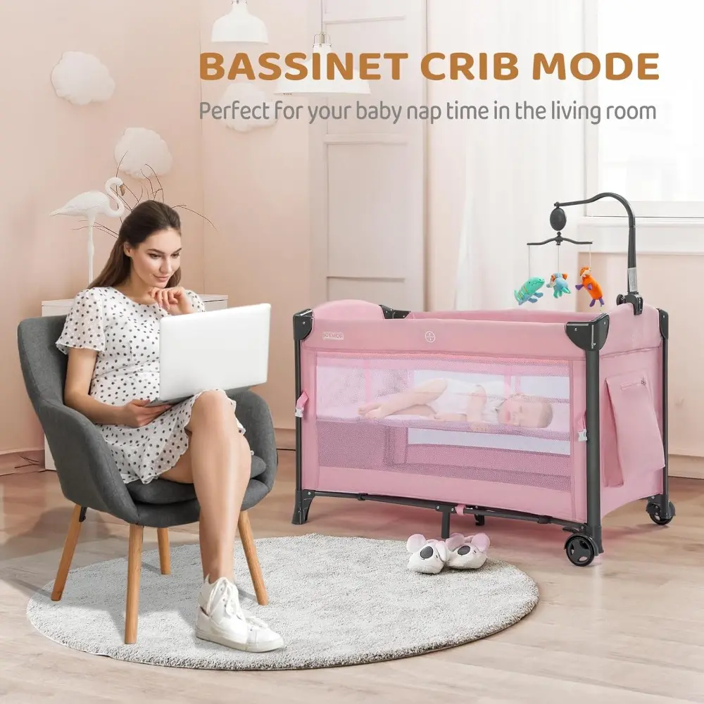 Baby Bedside Bassinet, Baby Bassinet, Pack n Play Convert Playpen, Quick Foldable Travel Bed with Toy, Wheels & Brake, Carry Ba