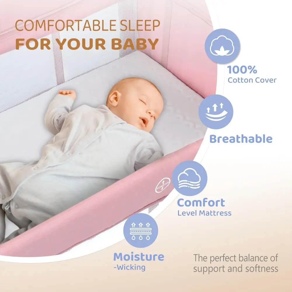 Baby Bedside Bassinet, Baby Bassinet, Pack n Play Convert Playpen, Quick Foldable Travel Bed with Toy, Wheels & Brake, Carry Ba