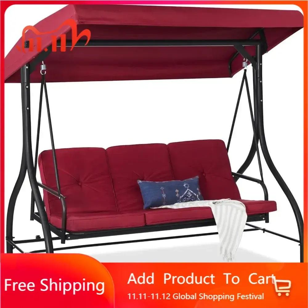 3-Seat Outdoor Large Converting Canopy Swing Glider, Patio Hammock Lounge Chair for Porch, Backyard w/Flatbed, Adjustable Shade