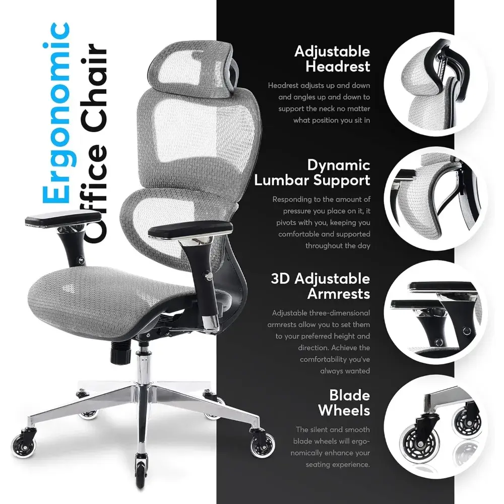 ErgoPro Ergonomic Office Chair - Rolling Desk Chair with 4D Adjustable Armrest, 3D Lumbar Support and Blade Wheels - Mesh Compu