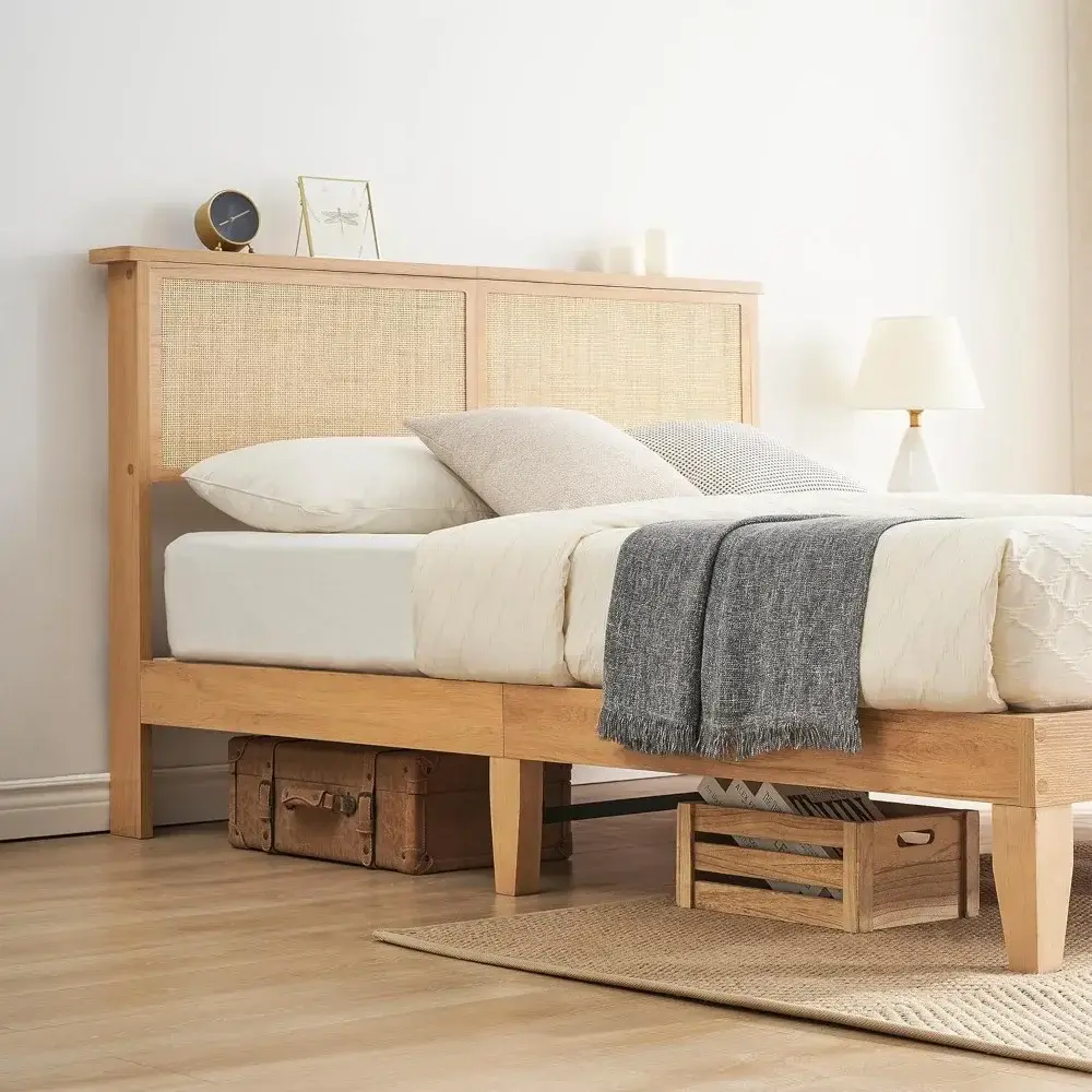 Rattan Bed Frame Queen with Natural Rattan Headboard,Queen Bed Frame with LED Lights,Rattan Queen Bed Frame with Headboard,Solid