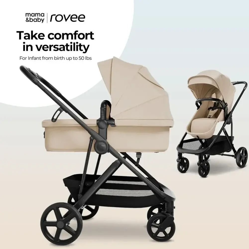 MAMA & BABY Rovee Bassinet Baby Stroller, 2-in-1 Foldable Infant Stroller with Reversible Seat, UPF 50+ Canopy, All-Terrain Whee