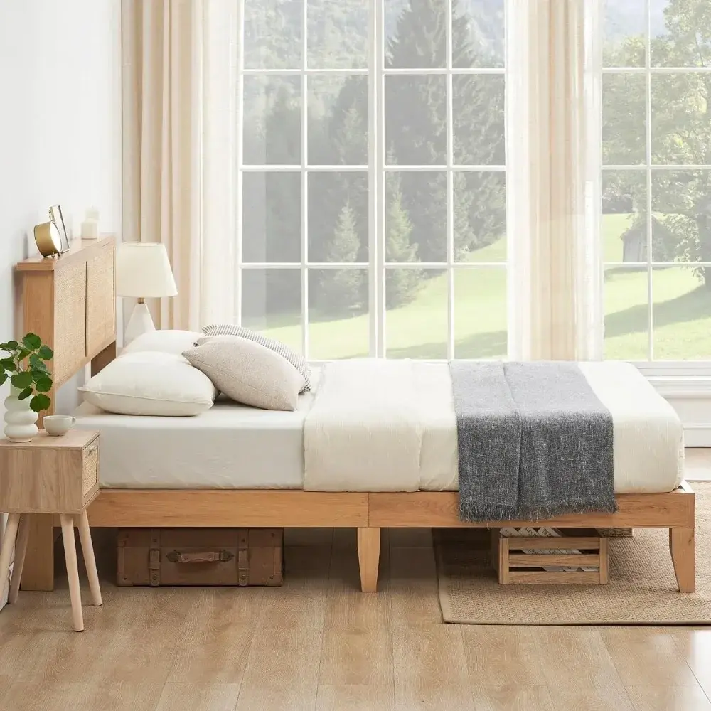 Rattan Bed Frame Queen with Natural Rattan Headboard,Queen Bed Frame with LED Lights,Rattan Queen Bed Frame with Headboard,Solid