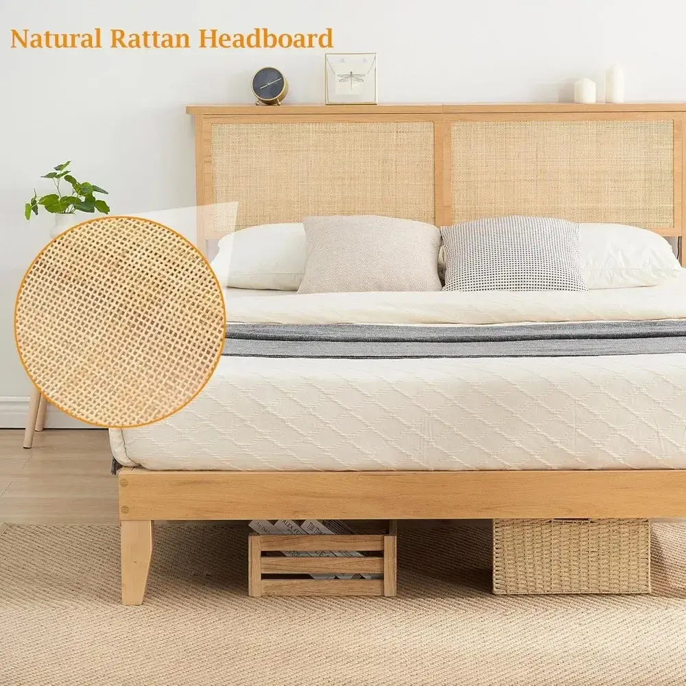Rattan Bed Frame Queen with Natural Rattan Headboard,Queen Bed Frame with LED Lights,Rattan Queen Bed Frame with Headboard,Solid
