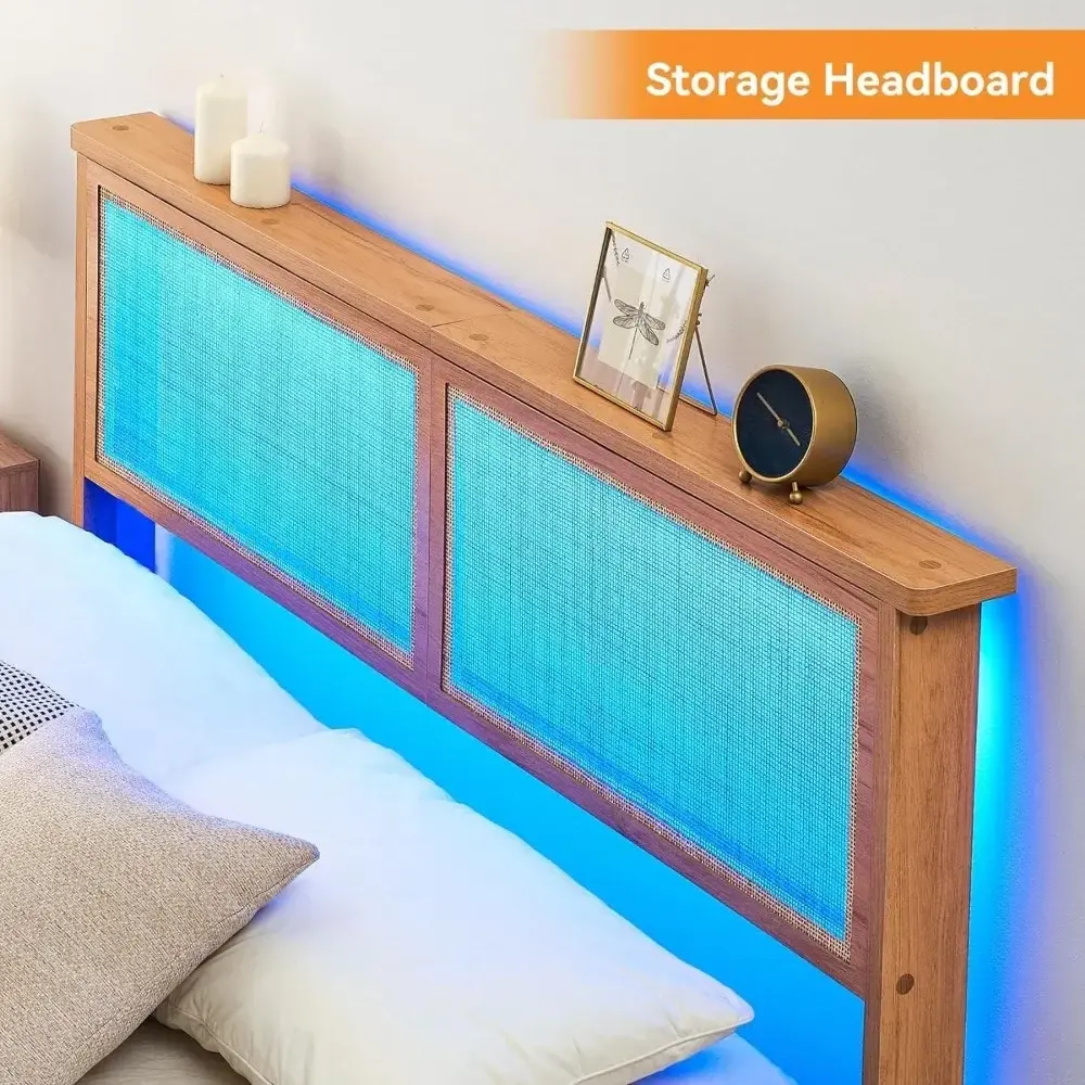 Rattan Bed Frame Queen with Natural Rattan Headboard,Queen Bed Frame with LED Lights,Rattan Queen Bed Frame with Headboard,Solid