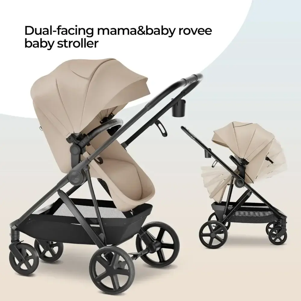 MAMA & BABY Rovee Bassinet Baby Stroller, 2-in-1 Foldable Infant Stroller with Reversible Seat, UPF 50+ Canopy, All-Terrain Whee