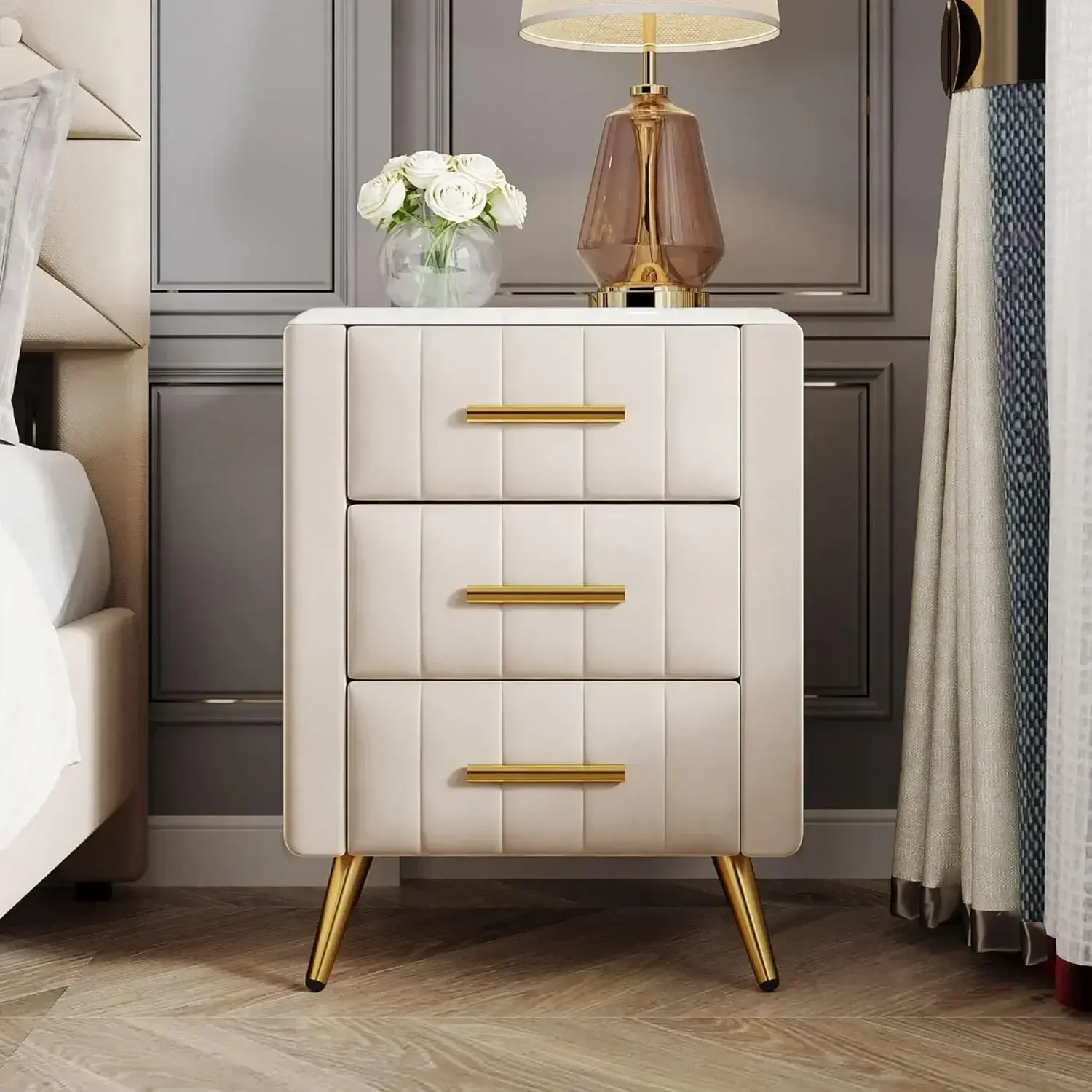 Modern Wooden Nightstand Legs & Handles, Velvet Upholstered Bedside with Marbling Worktop (Beige-01) with 3 Drawers and Metal