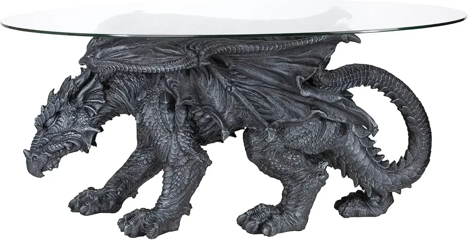 Warwickshire Dragon Gothic Decor Glass Topped Coffee Table, 39 Inch, Polyresin, Grey Stone