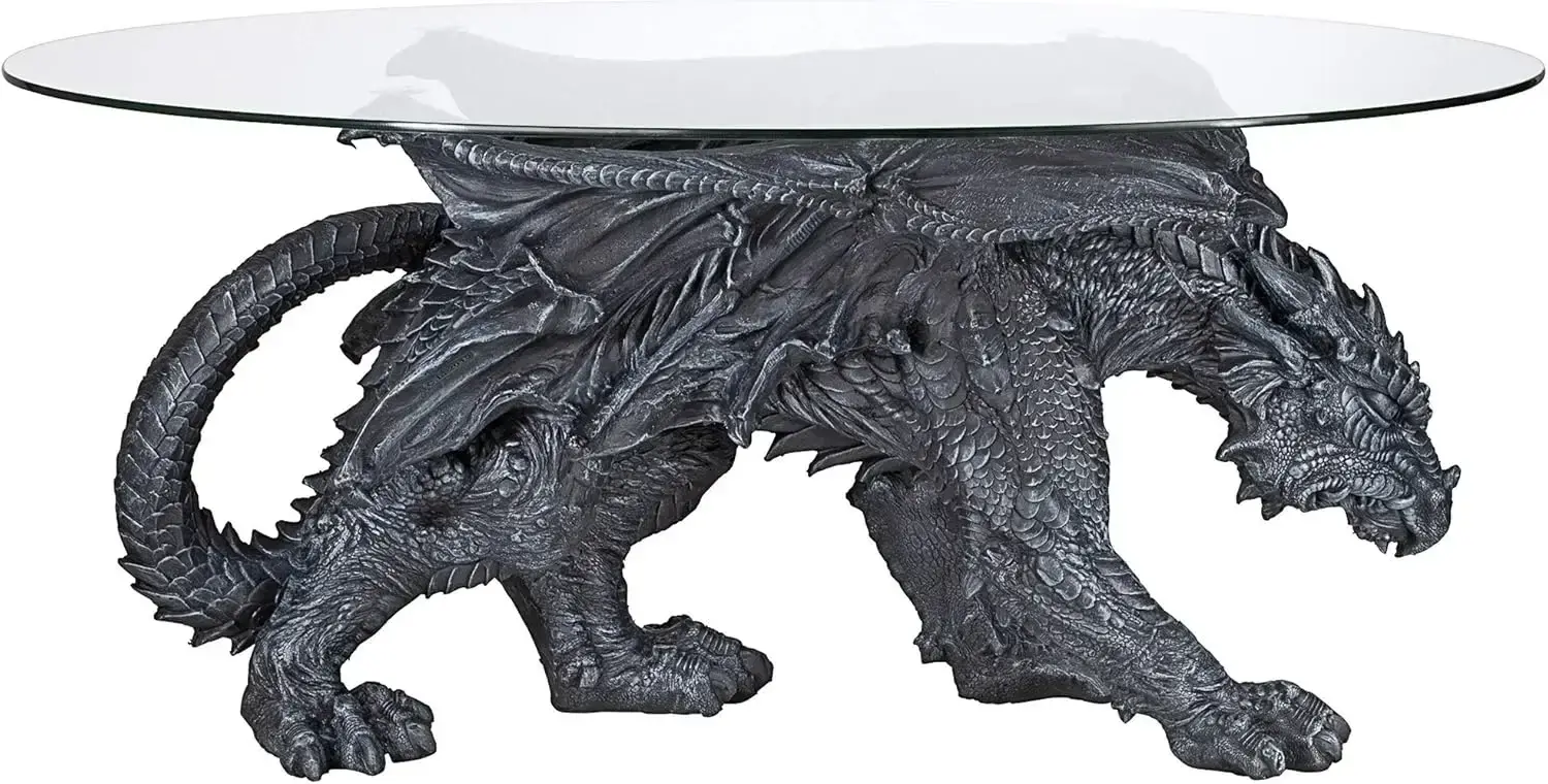 Warwickshire Dragon Gothic Decor Glass Topped Coffee Table, 39 Inch, Polyresin, Grey Stone