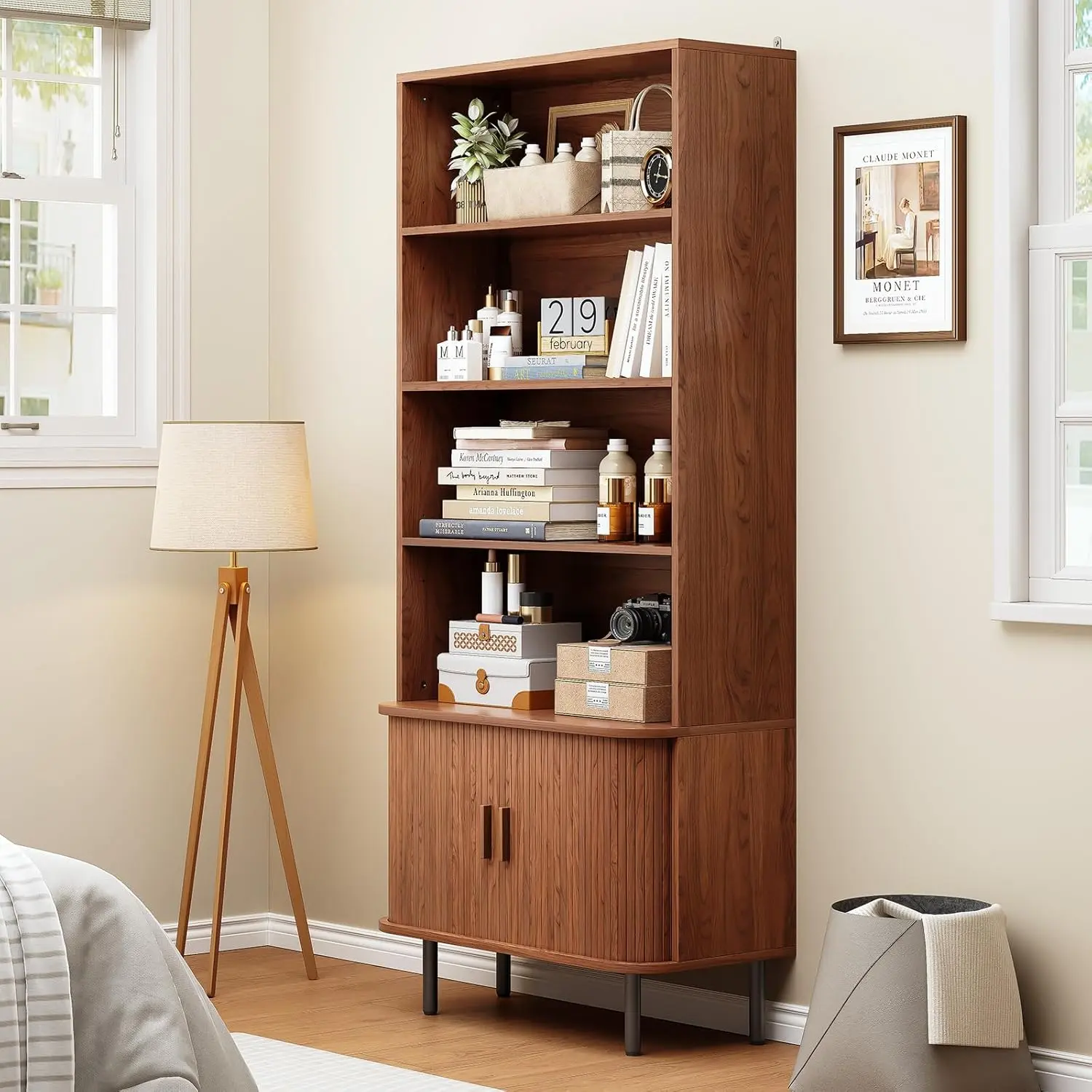 71" Tall Bookshelf, 4-Tier Bookcase with Storage Cabinet & Adjustable Storage Shelves, Sliding Door and Adjustable Footpad