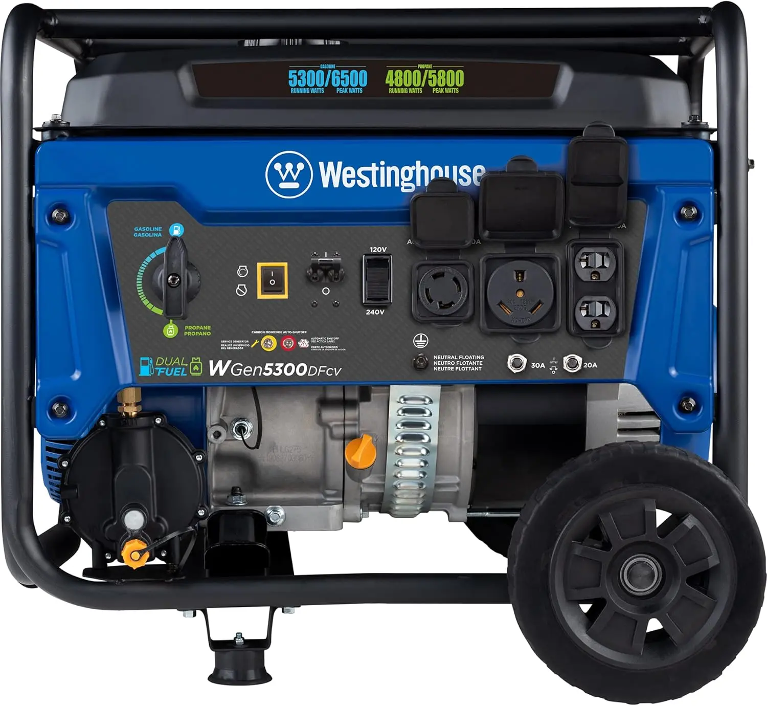 6500 Watt Dual Fuel Home Backup Portable Generator, Transfer Switch Ready 30A Outlet, RV Ready 30A Outlet, CO Sensor