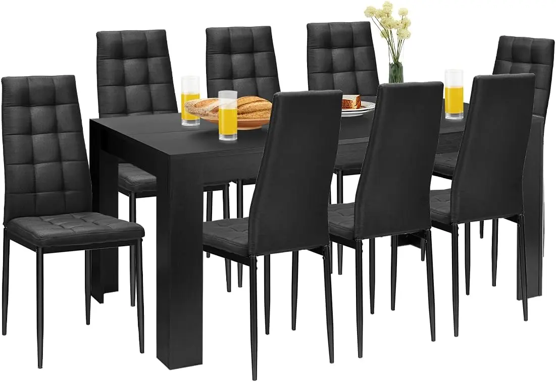 9 Pcs Dining Table Set, Wood Rectangular Table with 8 Upholstered Chairs Set, Modern Kitchen Table Set