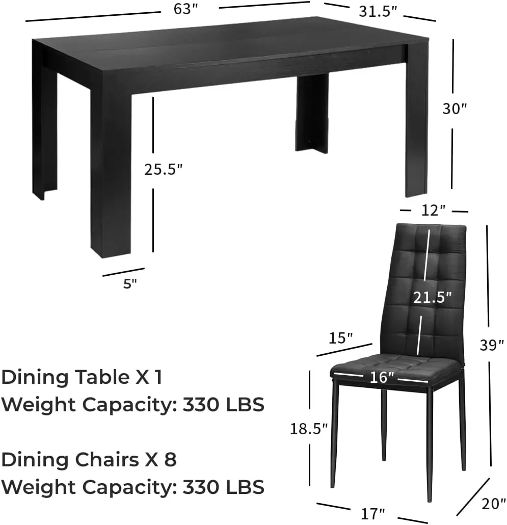 9 Pcs Dining Table Set, Wood Rectangular Table with 8 Upholstered Chairs Set, Modern Kitchen Table Set