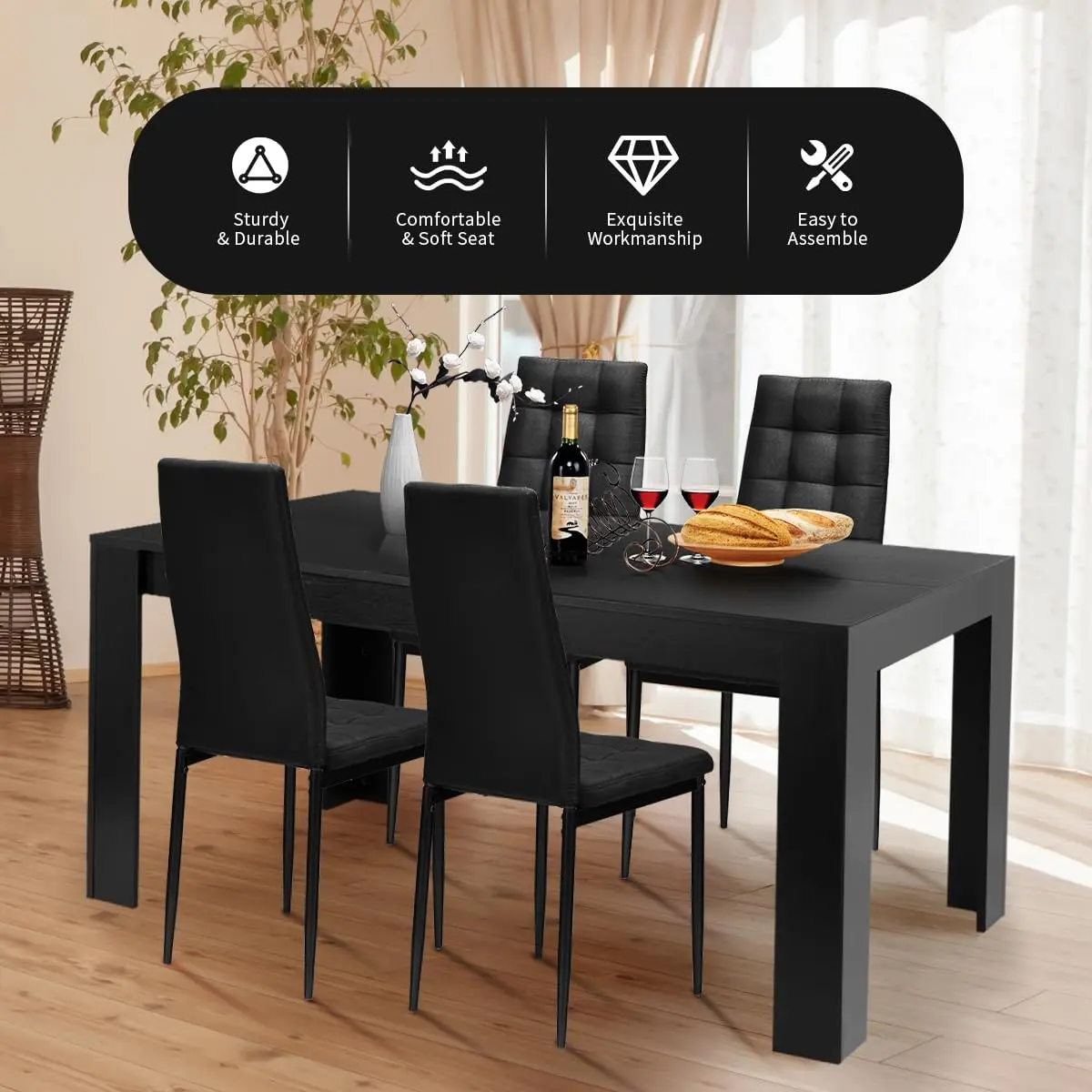 9 Pcs Dining Table Set, Wood Rectangular Table with 8 Upholstered Chairs Set, Modern Kitchen Table Set
