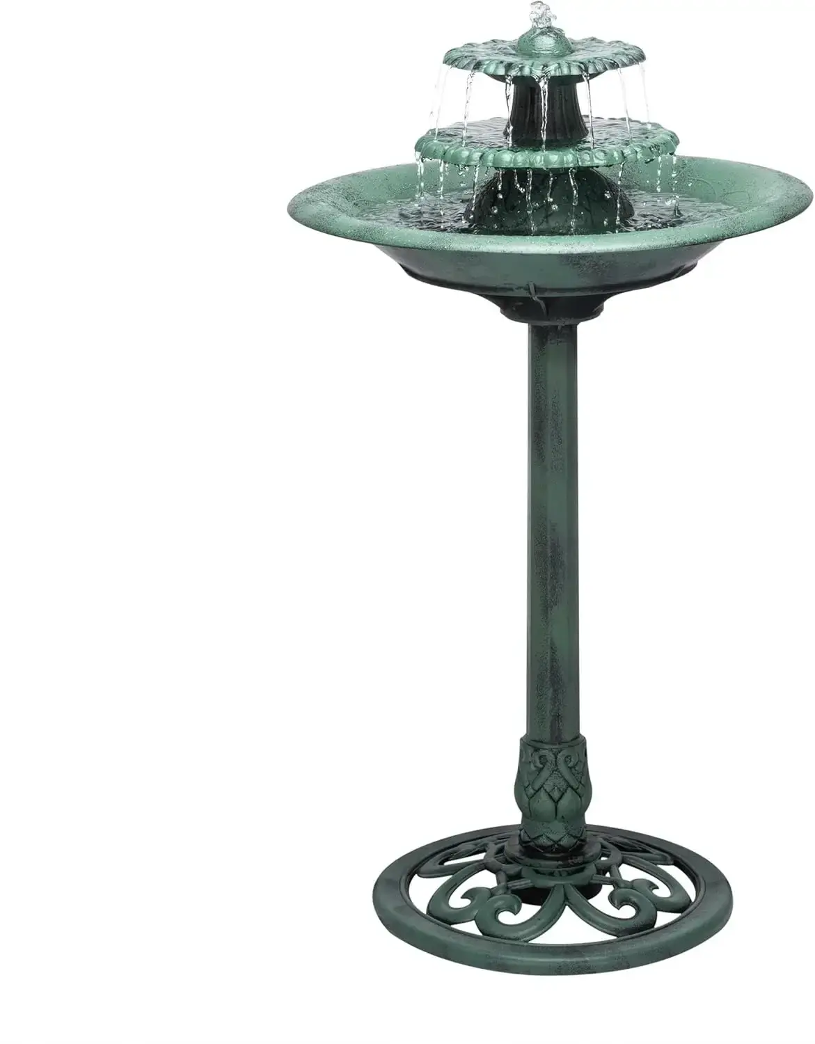 TEC106 Outdoor Floor 3-Tiered Pedestal Water Fountain and Birdbath, Pedestal Waterfall Fountain, 35", Green