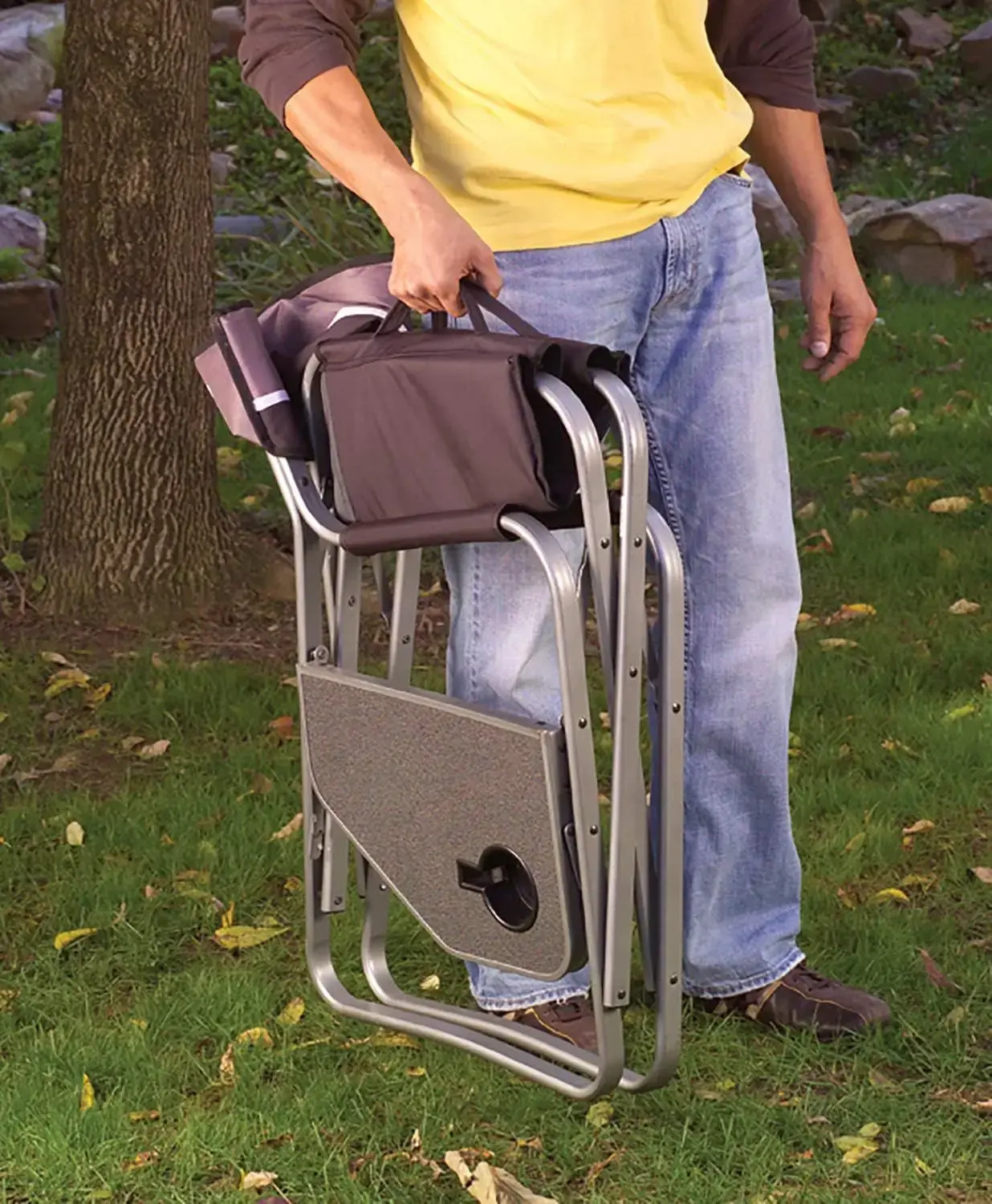 Portable Camping Chair with Side Table & Cup Holder, Lightweight Folding Deck Chair with Padded Armrests