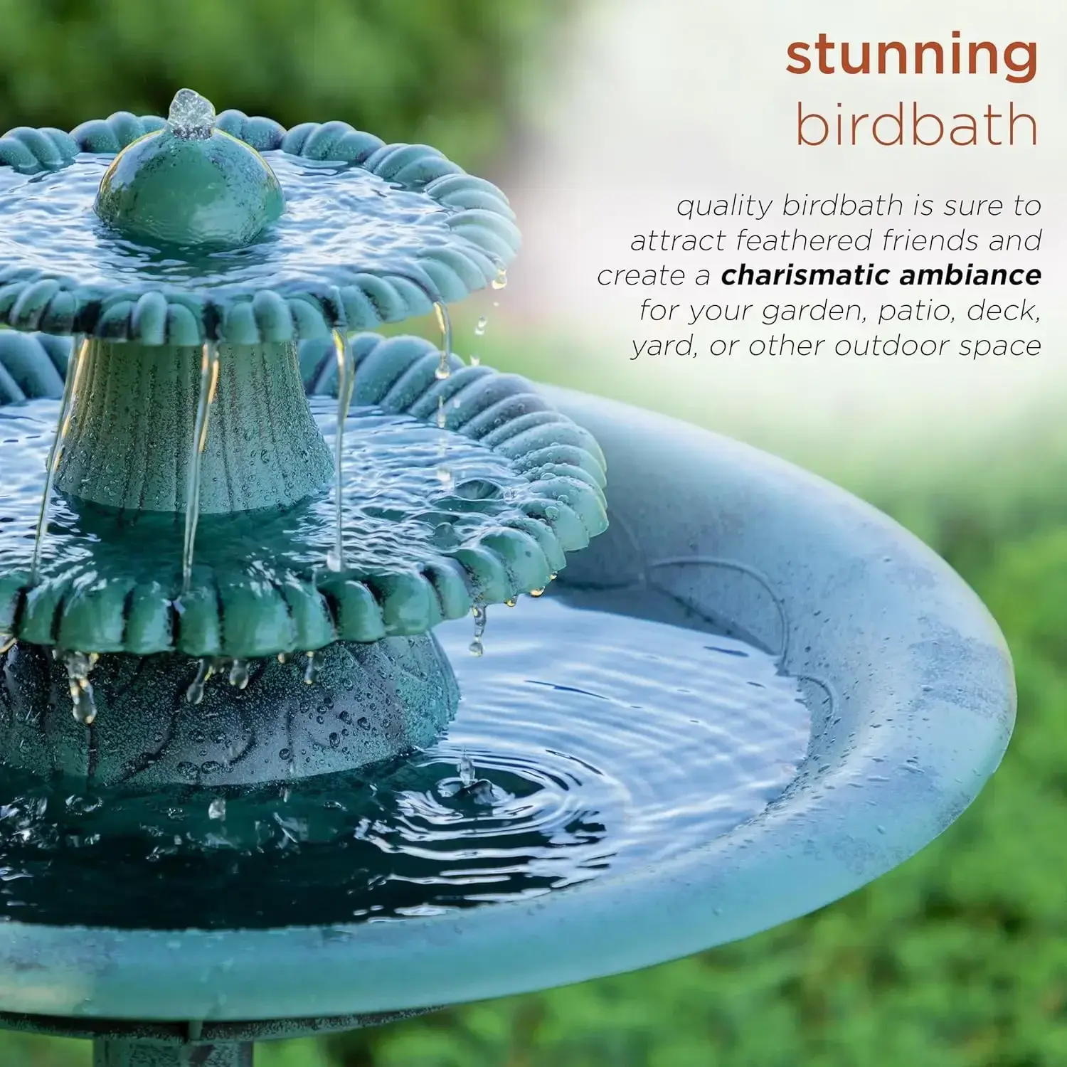 TEC106 Outdoor Floor 3-Tiered Pedestal Water Fountain and Birdbath, Pedestal Waterfall Fountain, 35", Green