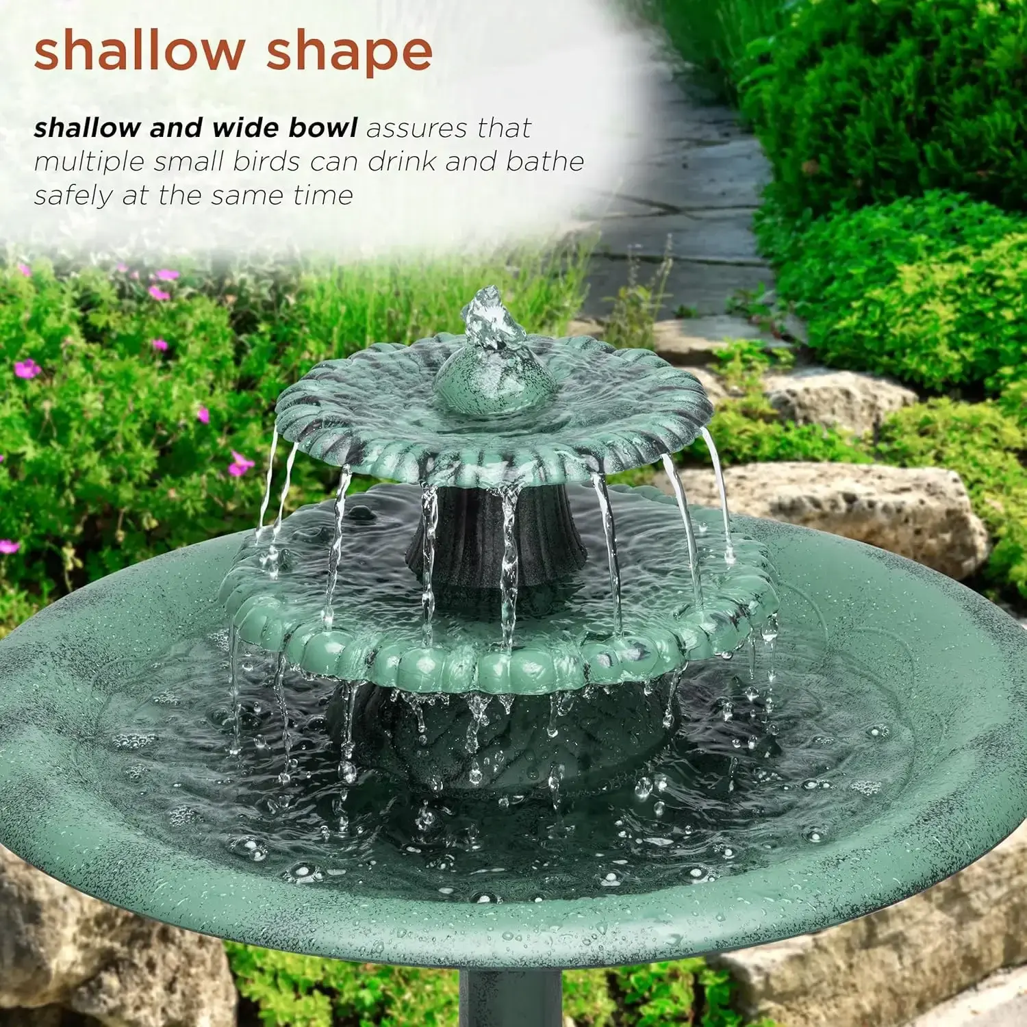 TEC106 Outdoor Floor 3-Tiered Pedestal Water Fountain and Birdbath, Pedestal Waterfall Fountain, 35", Green