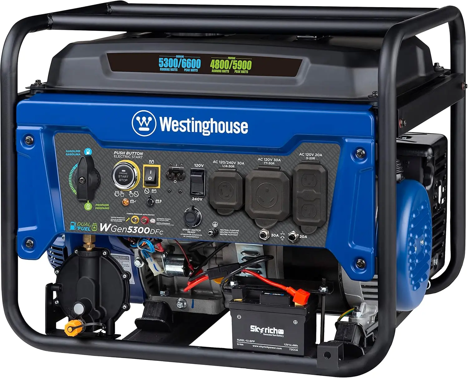 6600 Watt Dual Fuel Home Backup Portable Generator, Remote Electric Start, Transfer Switch Ready, RV Ready, CO Sensor