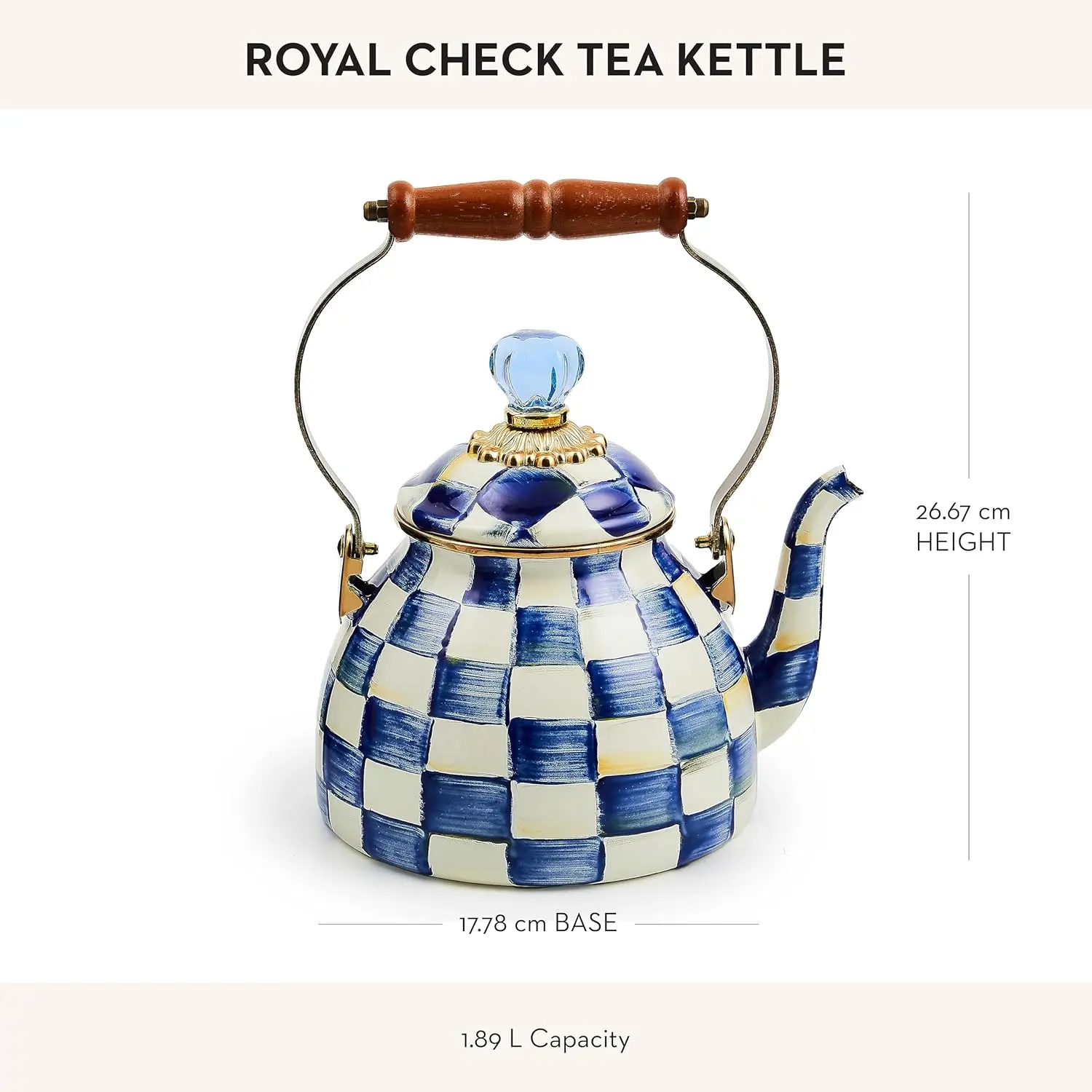 Enamel Tea Kettle, Stylish Tea Kettle for Stovetop, Blue-and-White Royal Check, 2 Quarts