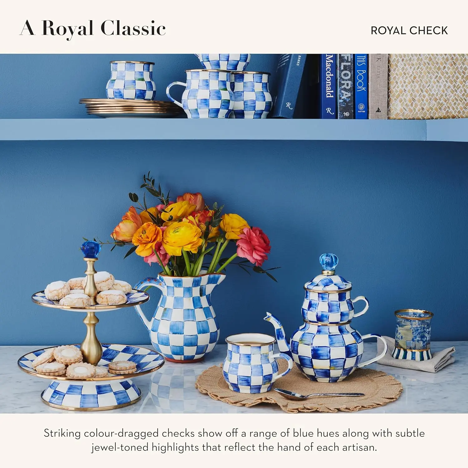 Enamel Tea Kettle, Stylish Tea Kettle for Stovetop, Blue-and-White Royal Check, 2 Quarts