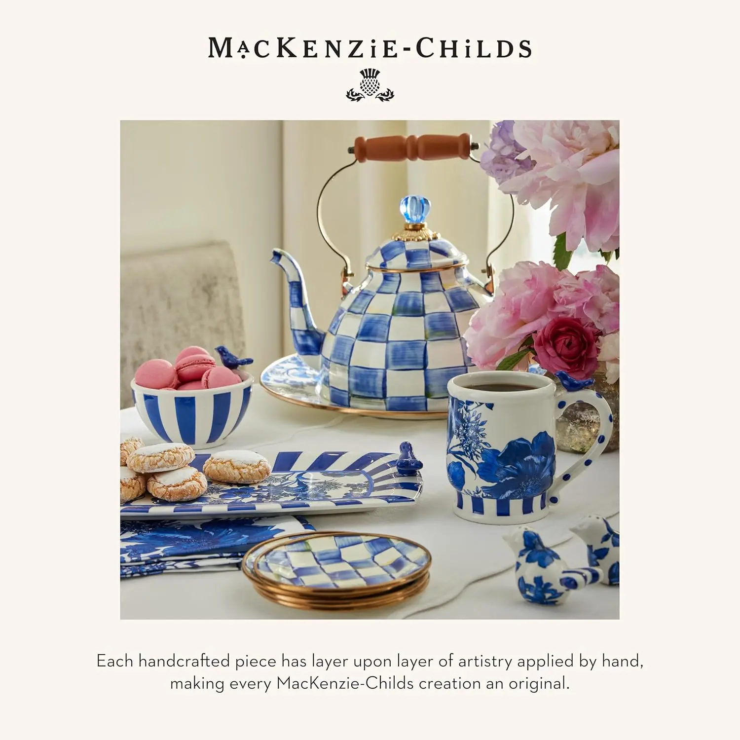Enamel Tea Kettle, Stylish Tea Kettle for Stovetop, Blue-and-White Royal Check, 2 Quarts