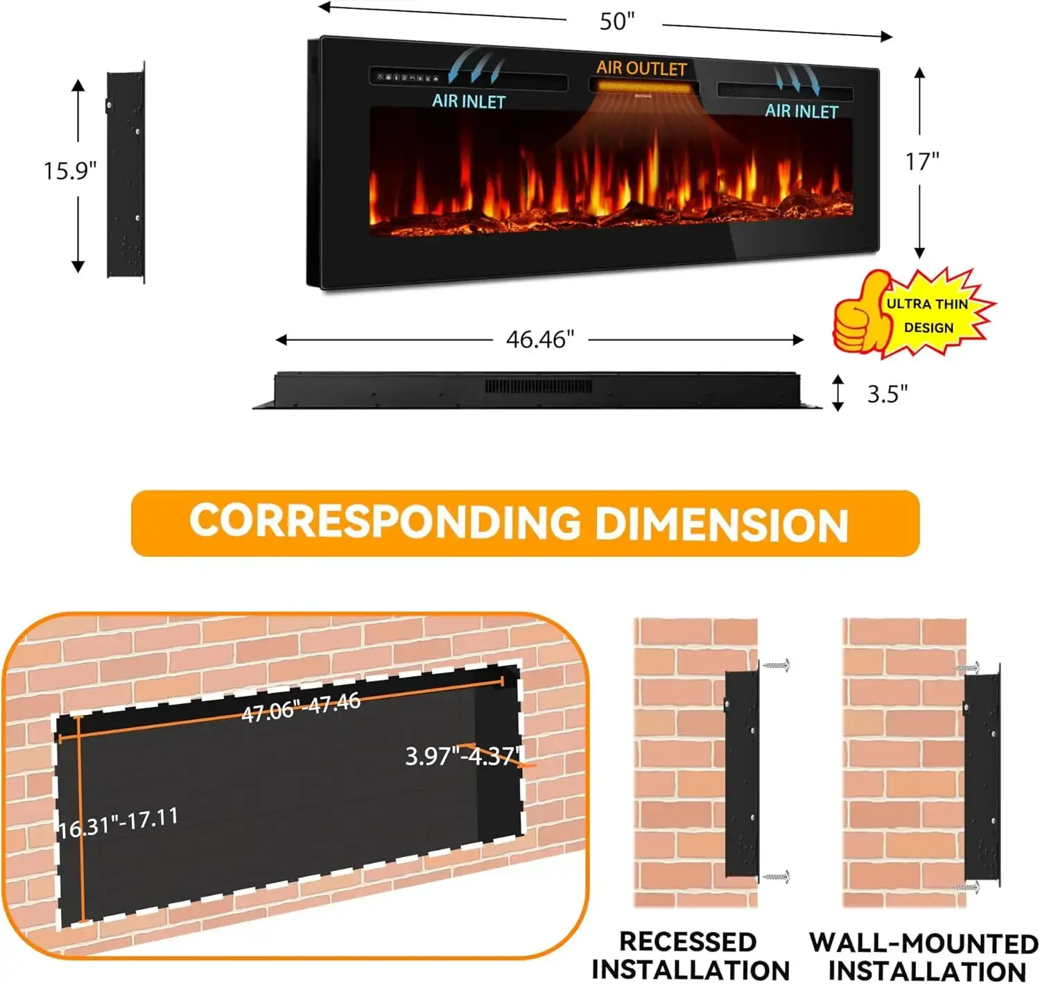 50 Inch Electric Fireplace in-Wall Recessed and Wall Mounted, Ultra-Thin Linear Fireplace Heater 750/1500W with Realistic Flame