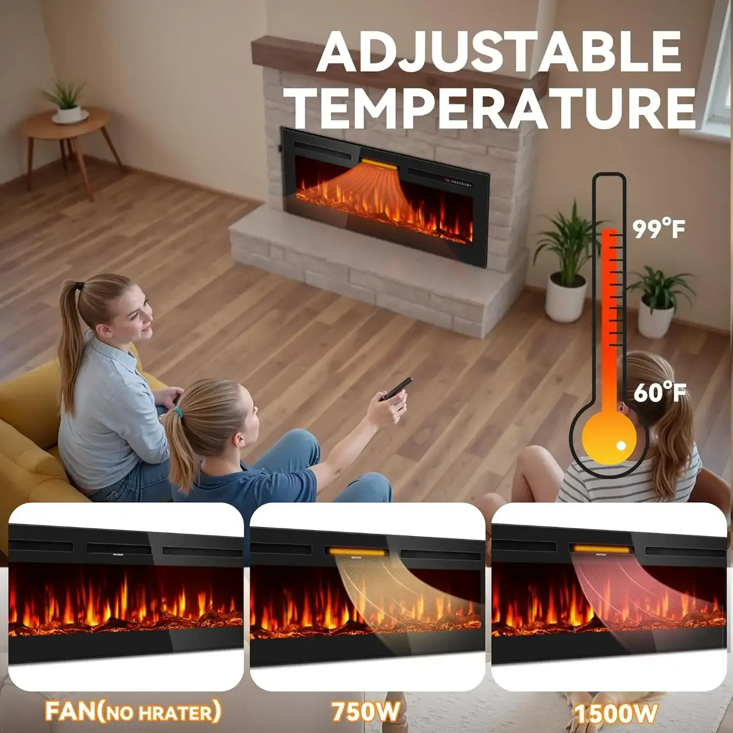 50 Inch Electric Fireplace in-Wall Recessed and Wall Mounted, Ultra-Thin Linear Fireplace Heater 750/1500W with Realistic Flame