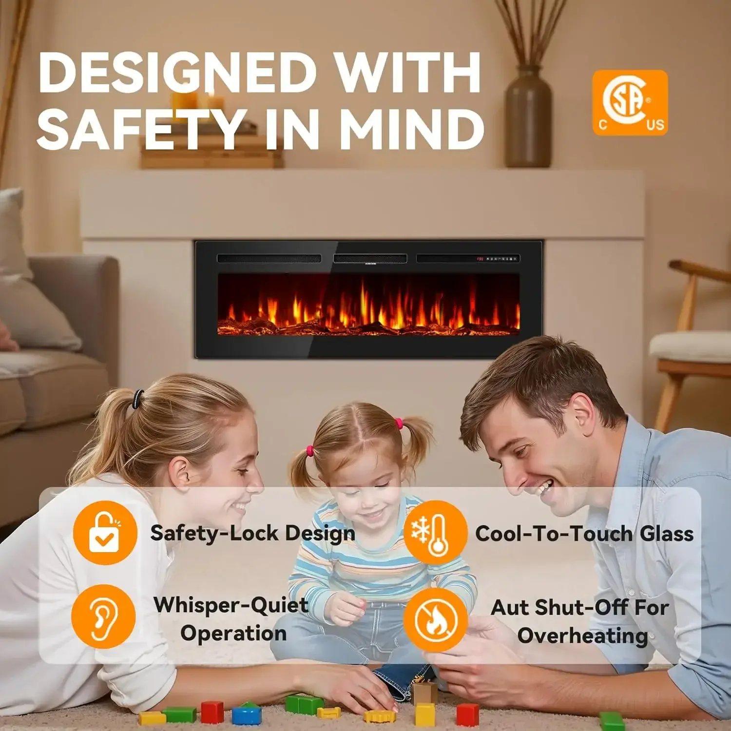 50 Inch Electric Fireplace in-Wall Recessed and Wall Mounted, Ultra-Thin Linear Fireplace Heater 750/1500W with Realistic Flame
