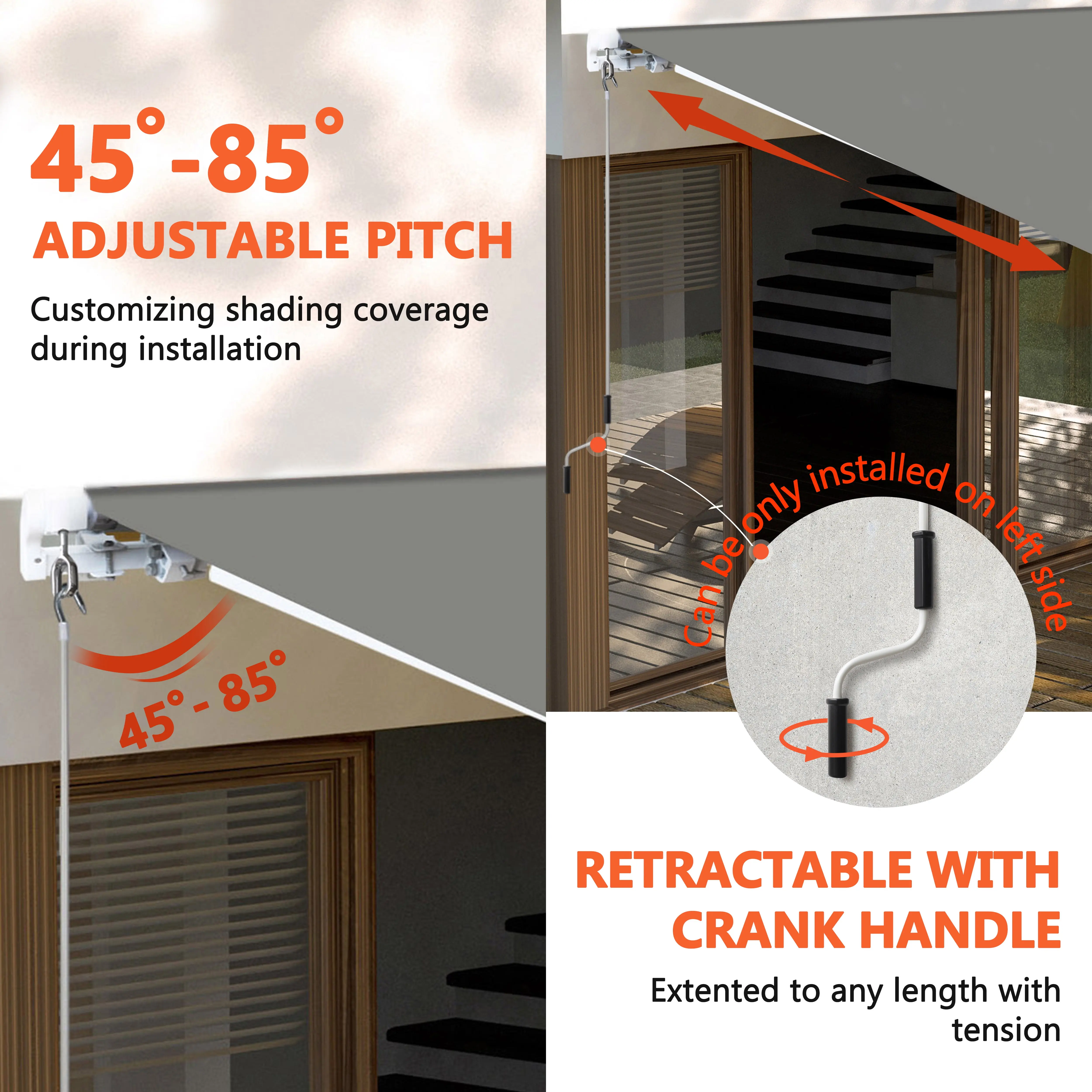 12'x10' Outdoor Awning, Patio Retractable Sun/Rain Shelter w/Manual Crank, Gray