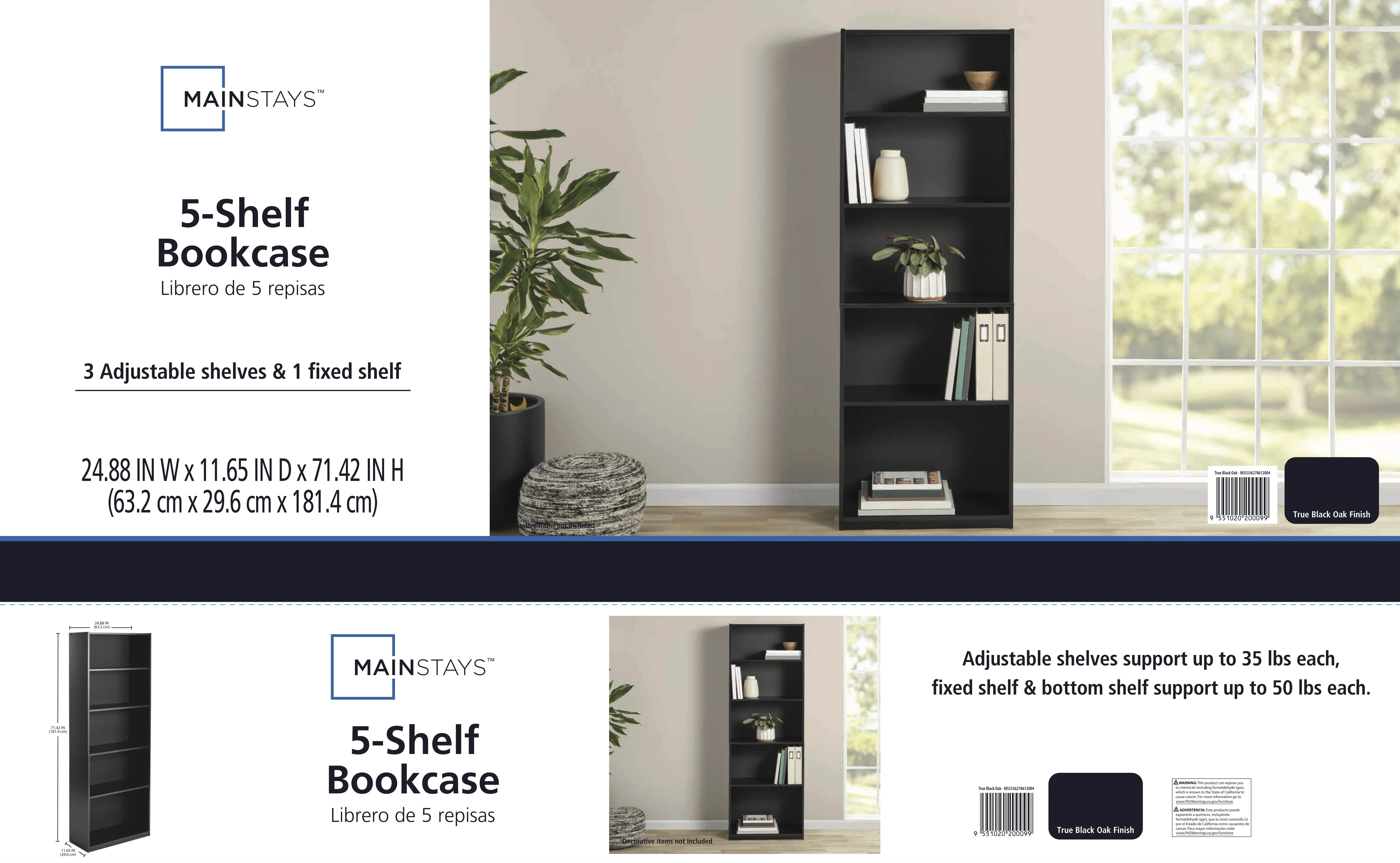 5-Shelf Bookcase with Adjustable Shelves, True Black Oak