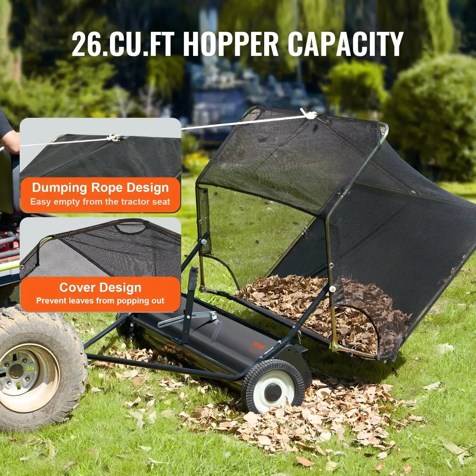 Tow-Behind Lawn Sweeper 52-inch Leaf Yard Collector 26 cu.ft. Adjustable