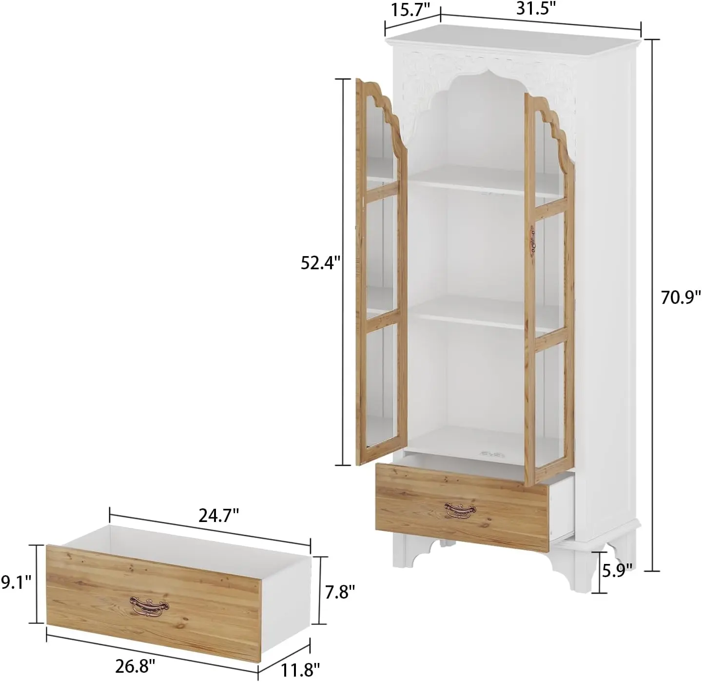 Modern 3-Tier Storage Cabinet Bookshelf with Carved Doors, Multi-Purpose Storage Cabinet with Drawer & Shelves