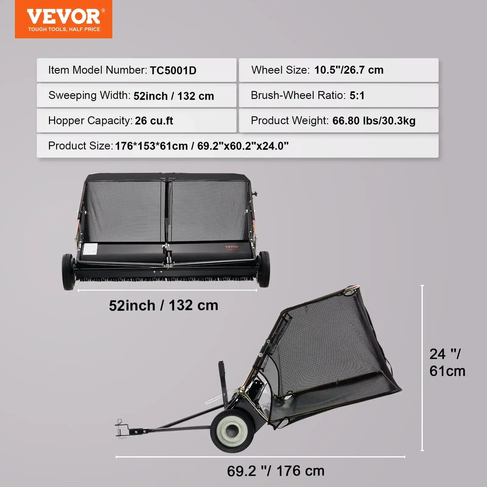 Tow-Behind Lawn Sweeper 52-inch Leaf Yard Collector 26 cu.ft. Adjustable